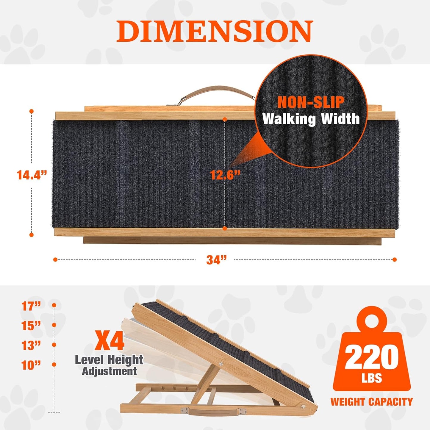 Adjustable Dog Ramp for Bed - 34" Long Foldable Wooden Ramp for Dogs to Get on Bed, Couch, or Car with 12.6" Wide Walking Space (Natural Wood with Gray Carpet, Small)