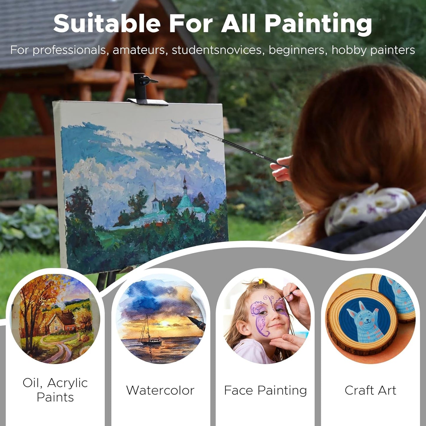 Bougimal 33 Pcs Paint Brush Set, Artist Paint Brushes for Acrylic Painting, Oil, Watercolor, Gouache, with Flat Round Filbert Fan Angle Detail Brush, Suitable for Artists and Beginners
