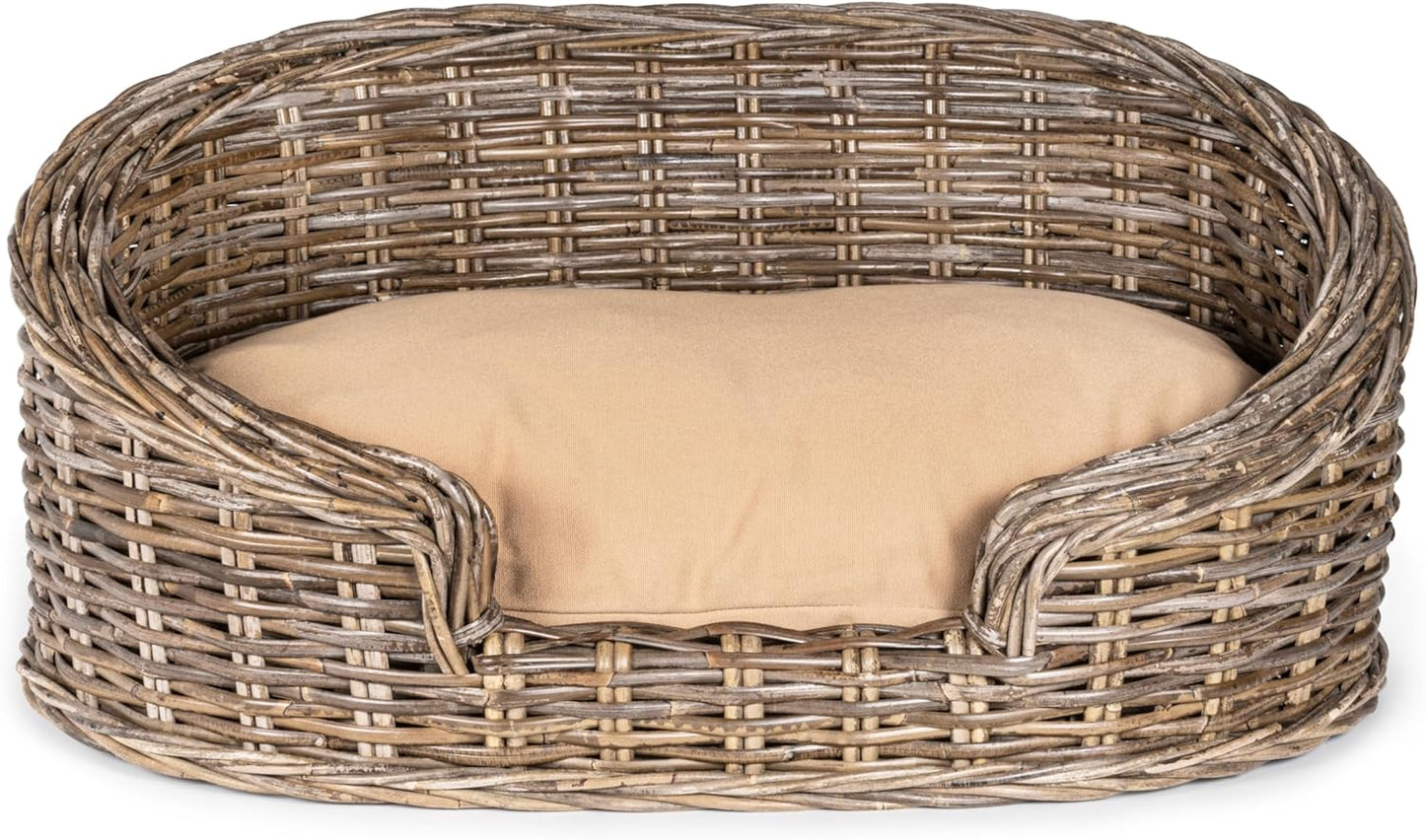DBD1005A Elevated 27.5" x 17" Bohemian Handwoven Rattan Dog Daybed with Machine-Washable Cushion, Natural