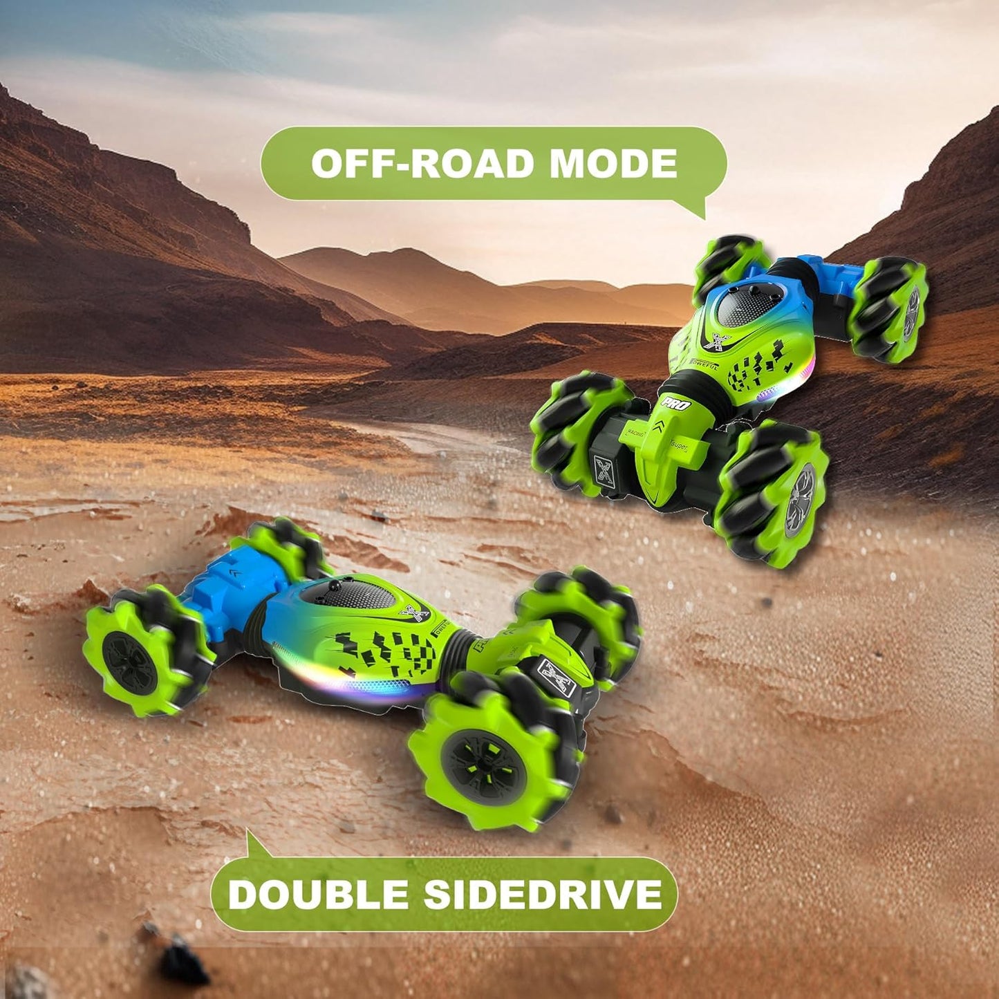 Gesture RC Car Green, 1:24 4WD Transform Off-Road Stunt Car with Gesture & Remote Control, 360° Flips Drift Vehicle with LED Lights Music, All Terrain Toy Cars Gifts for Boys Girls Age 6-12