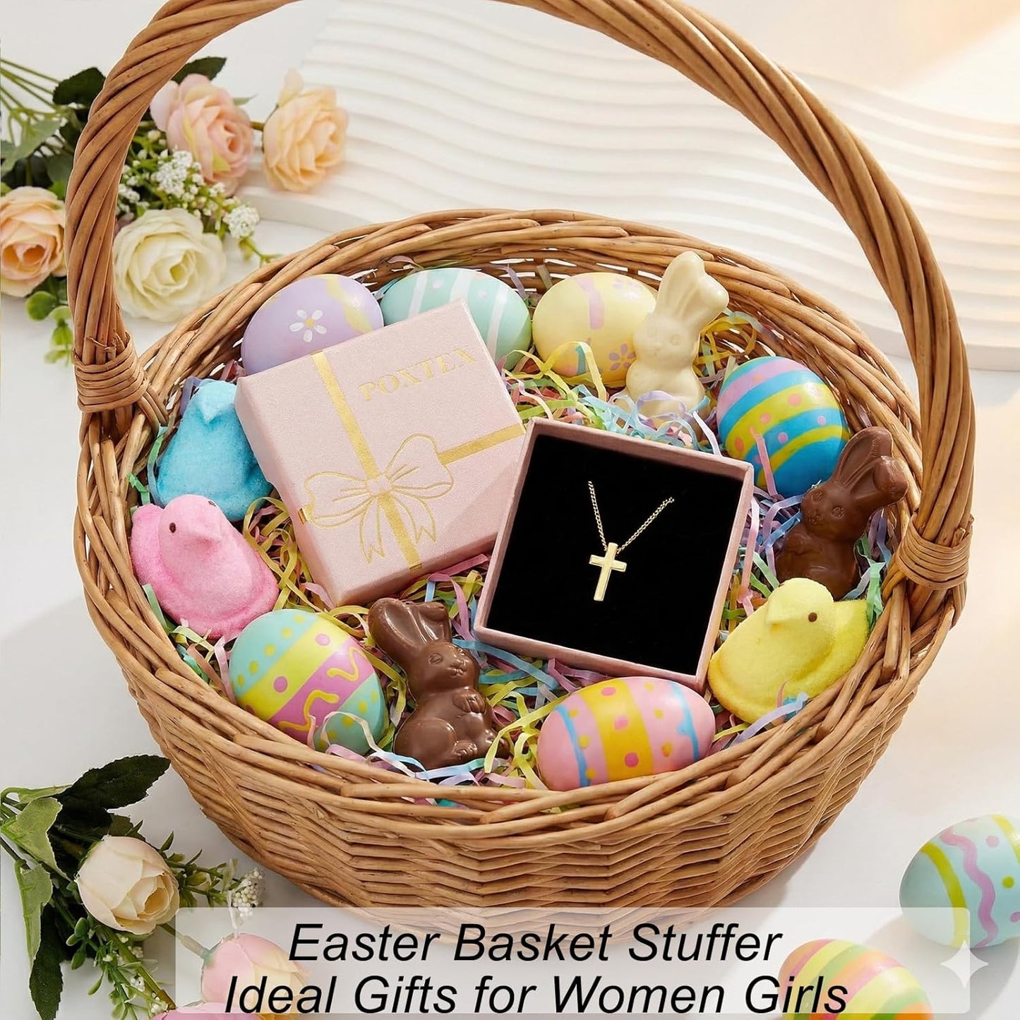 Easter Basket Stuffer Cross Necklace for Women Girls, Dainty 14K Gold Silver Plated Cross Choker Jewelry Non Tarnish Waterproof Cute Simple Small Necklace Christian Baptism Religious Faith Jewelry Gifts