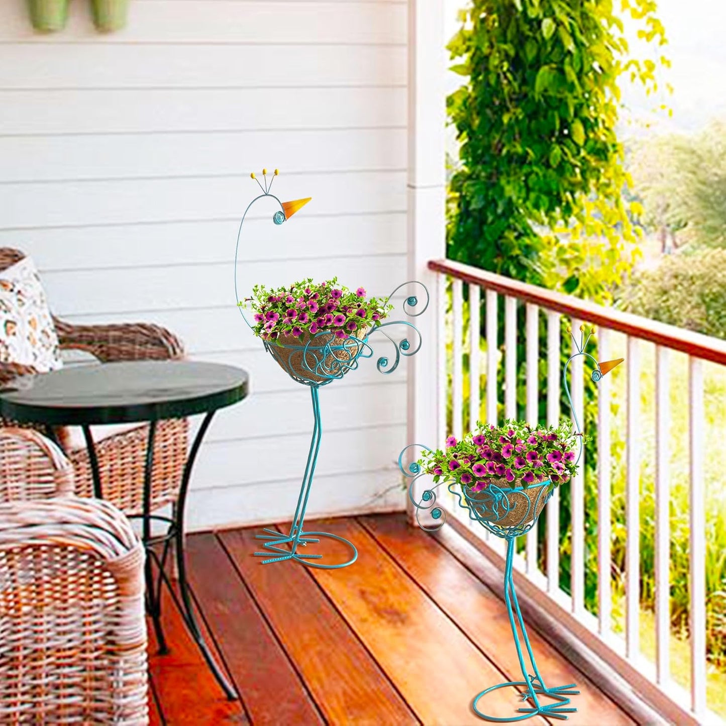 J-Fly Peacock Metal Plant Stand 2 Sets Flower Pots Holders, Planters for Outdoor Indoor Plants with Coconut Pots, Front Porch Garden Balcony Patio Decor for Plant, Valentine Decoration Gifts