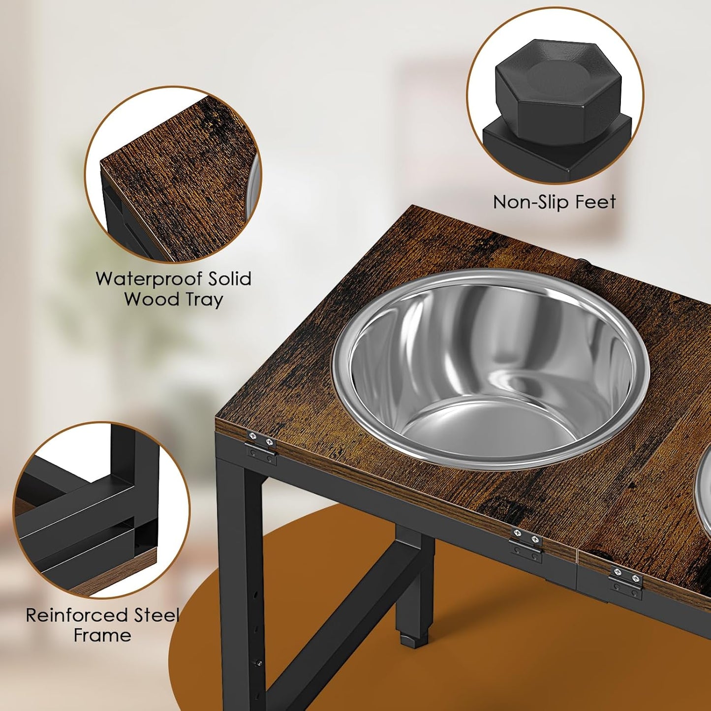 Elevated Dog Bowls Stand for Large Dogs - 3 Bowl Dog Feeder with Adjustable Height & Tilt, Stainless Steel Bowls & Wood Tray for Large Breeds, Triple Bowl Feeding Station, 3500ML*3 Capacity