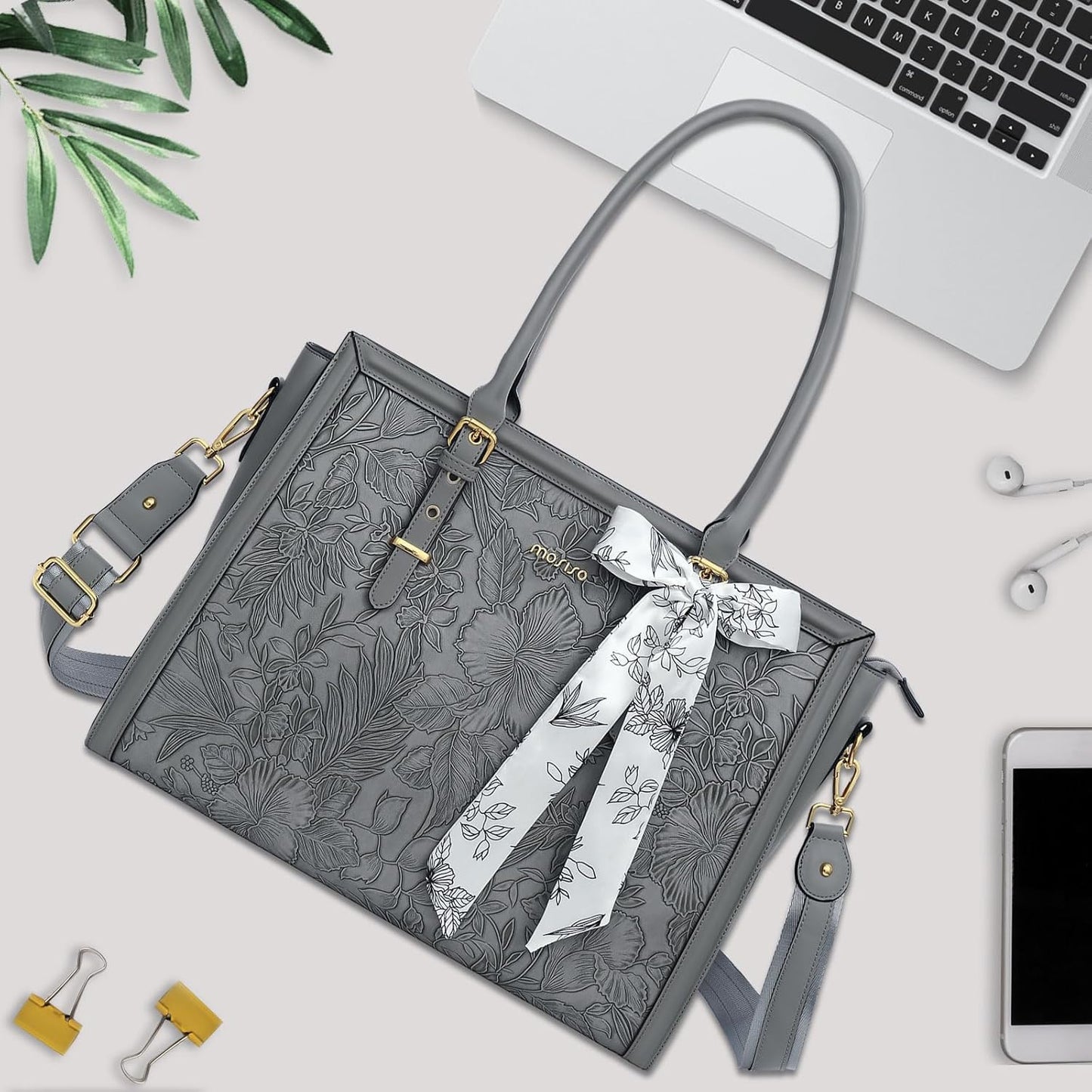 MOSISO Laptop Bag for Women, PU Leather Tote Bag, Front Embossed Retro Hibiscus Computer Bags with Silk Scarf&Clutch Purse