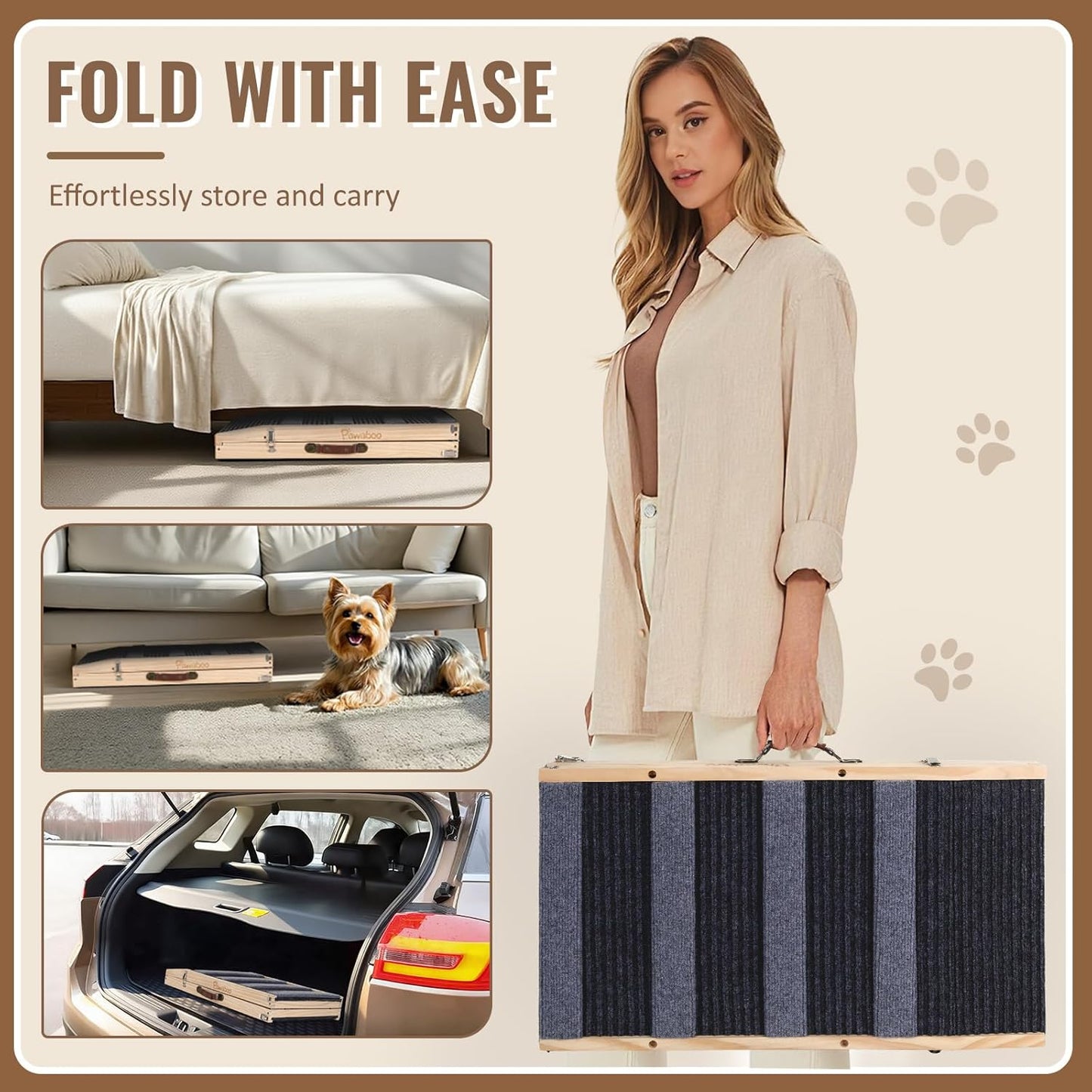 Pawaboo Dog Ramp for Small Dog, 57'' Foldable Dog Ramp for Bed, 5 Adjustable Height from 19.7'' to 30'', Portable Stable Pet Steps with Dogs Tag & Safety Side Rails, Pet Ramps for Bed Couch