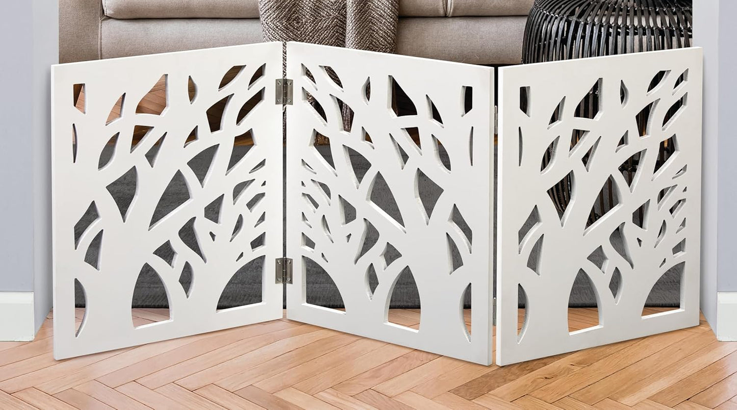 Safety Pet Gate for Dogs – Free-Standing & Foldable - Decorative Scroll Wooden Fence Barrier – Stairs & Doorways (White)