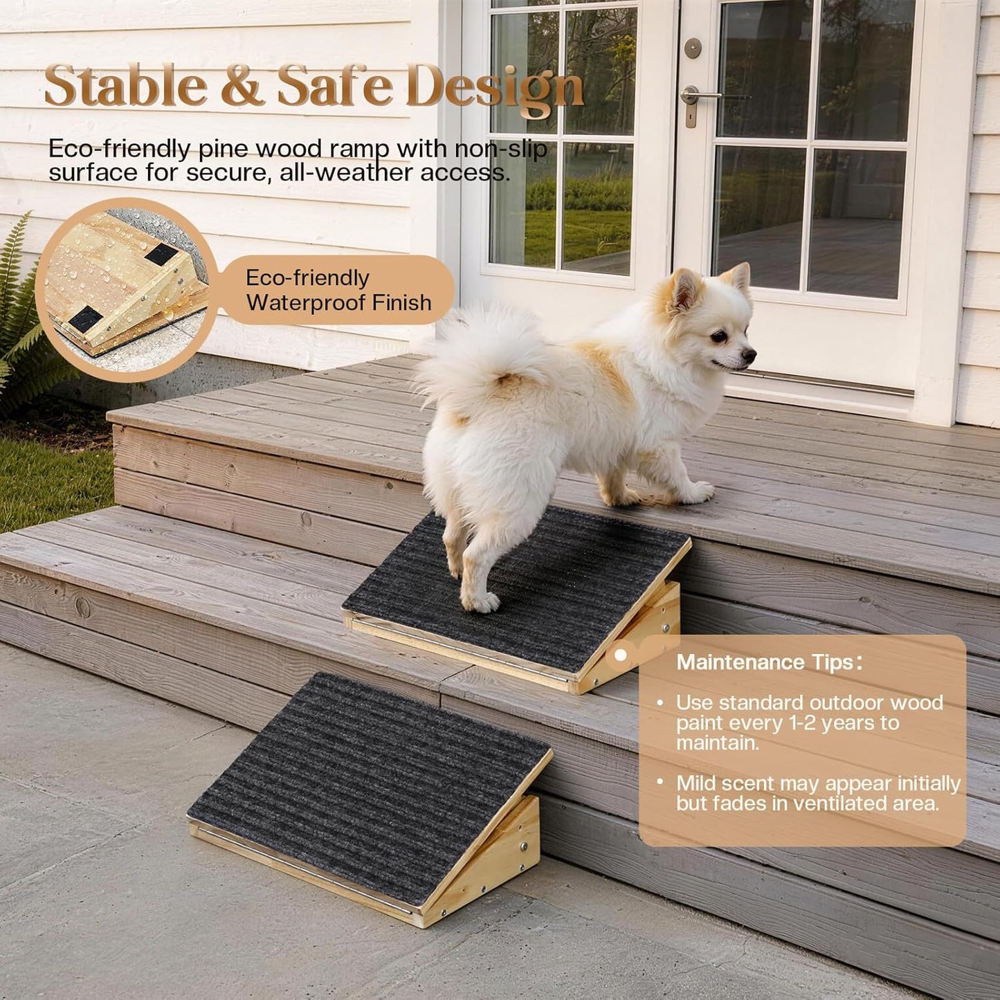 Adjustable Dog Ramp for Stairs with 3 Heights, Anti-Slip Small Dog Ramp for Indoor & Outdoor, Solid Wood Pet Steps for Small/Senior/Injured Dogs, Gentle Slop Ramp for Stairs with Carpet Surface