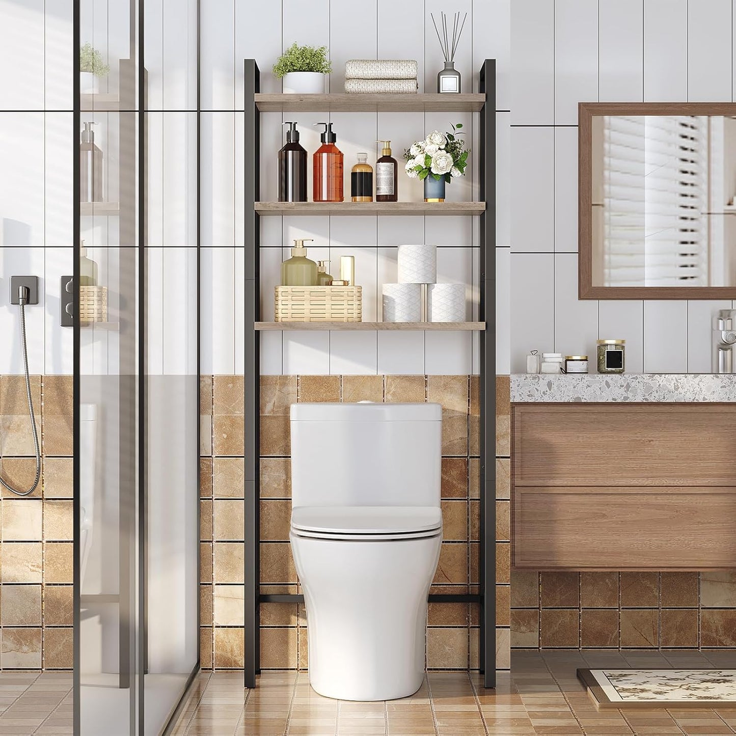 HOOBRO Over The Toilet Storage, 3-Tier Bathroom Organizer Shelf Over Toilet, Freestanding Bathroom Storage Shelves, Space Saver, Easy to Assemble for Room, Greige and Black BG41TS01