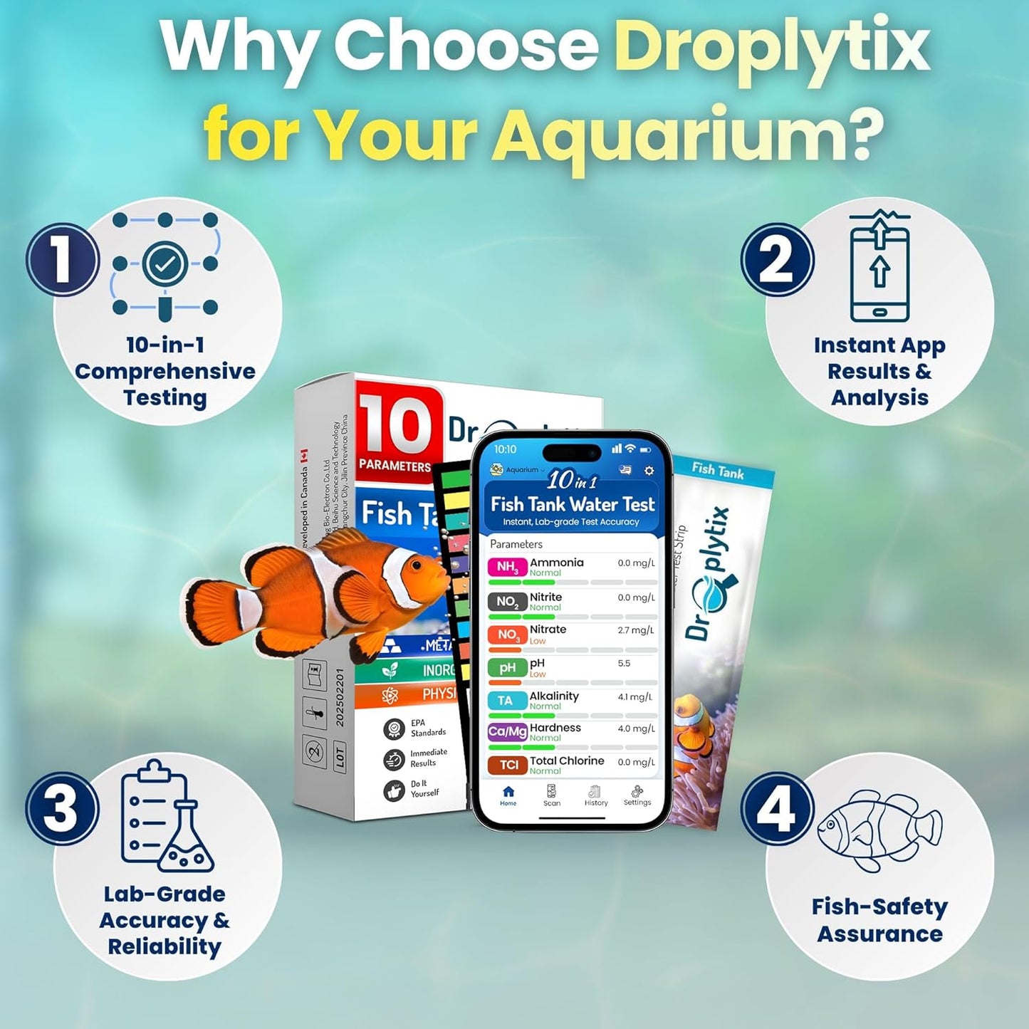 Digital Aquarium Water Test Kit, App-Enabled 10-in-1 Freshwater & Saltwater Aquarium Test Strips for Fish Tanks, Shrimp, Reef Test Strips, pH, Ammonia, Nitrate, Nitrite, GH, KH, Chlorine