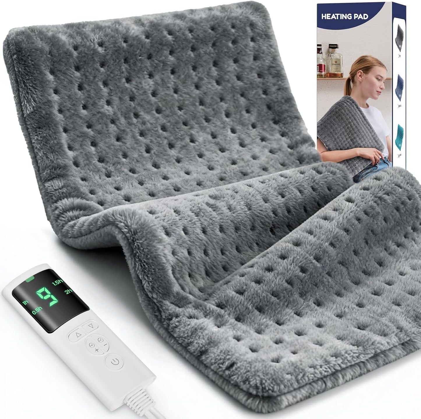 Extra Large Heating Pad for Back Pain Relief, 33"x17" Electric Heat Pad for Neck, Shoulders, Cramps, Menstrual Pain, 9 Heat Settings & 4 Auto-Off Timers, Soft Machine Wash Fabric, Gifts for Lover Gray