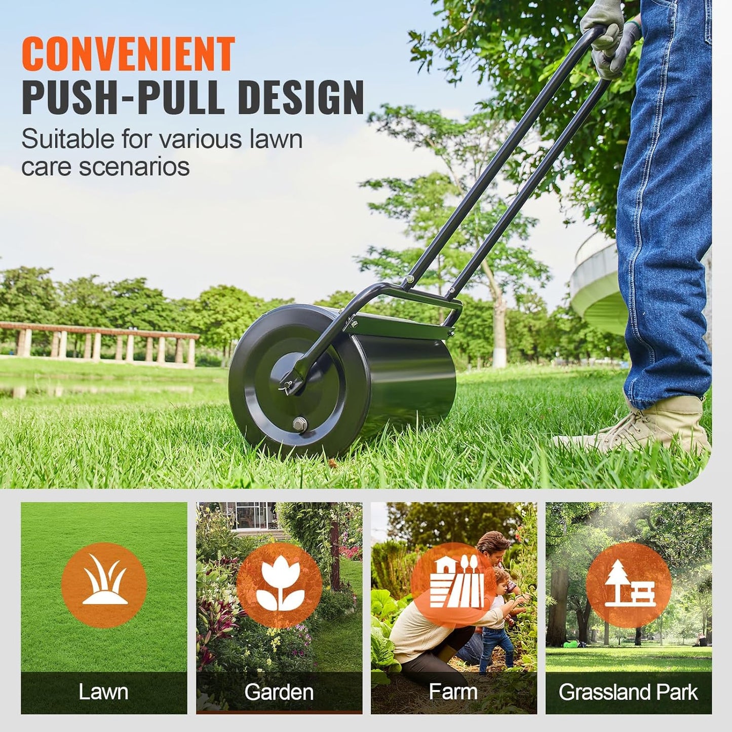 VEVOR Lawn Roller 13 Gallon Large Capacity Sand/Water Filled, Heavy Duty Steel Material, with Easy-Turn Plug and U-Shaped Ergonomic Handle for Convenient Push and Pull, for Garden, Farm, Park, Black