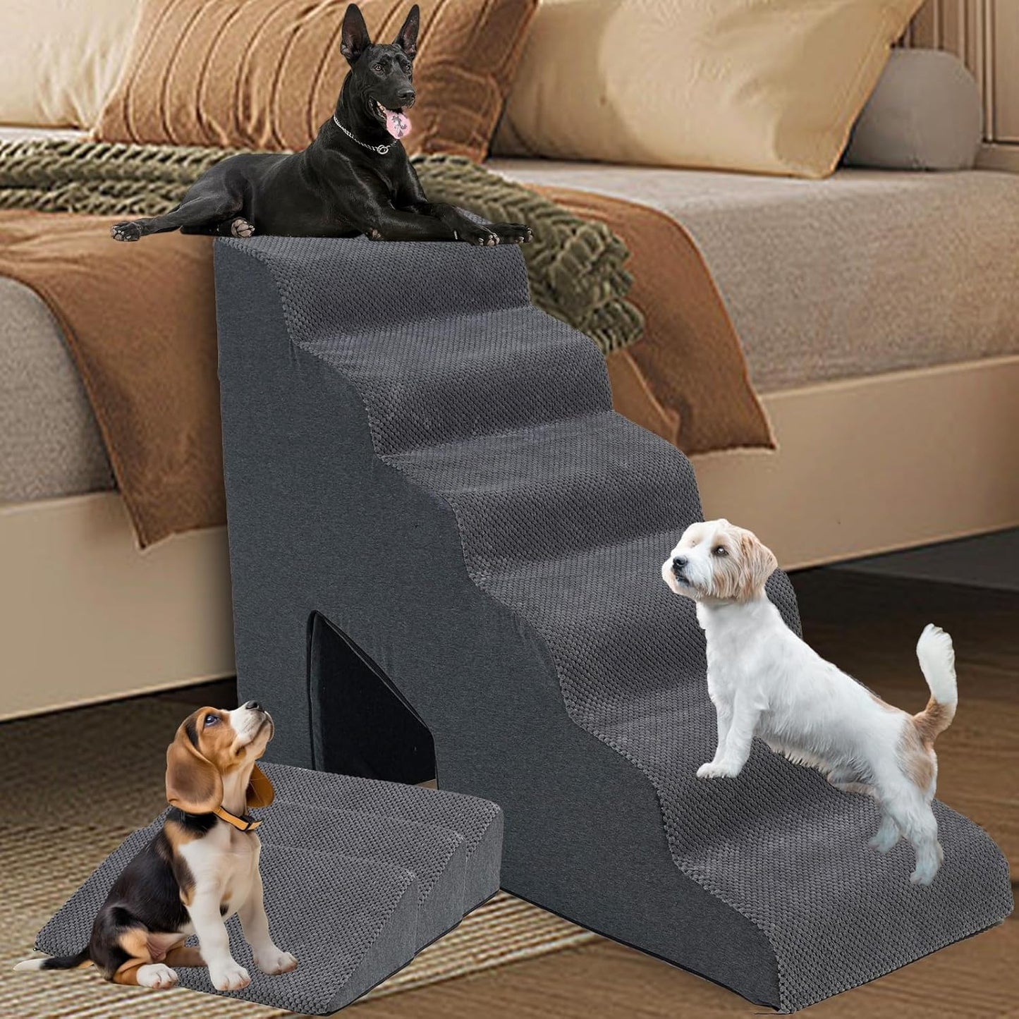 Dog Stairs for High Bed, 30 Inch Height 6 Steps Soft Foam Spliced Dog Steps for Bed, Non-Slip Sturdy Pet Stairs with 3 Pack Ramps for Staircase, Ramp for Small, Older Dogs - Grey