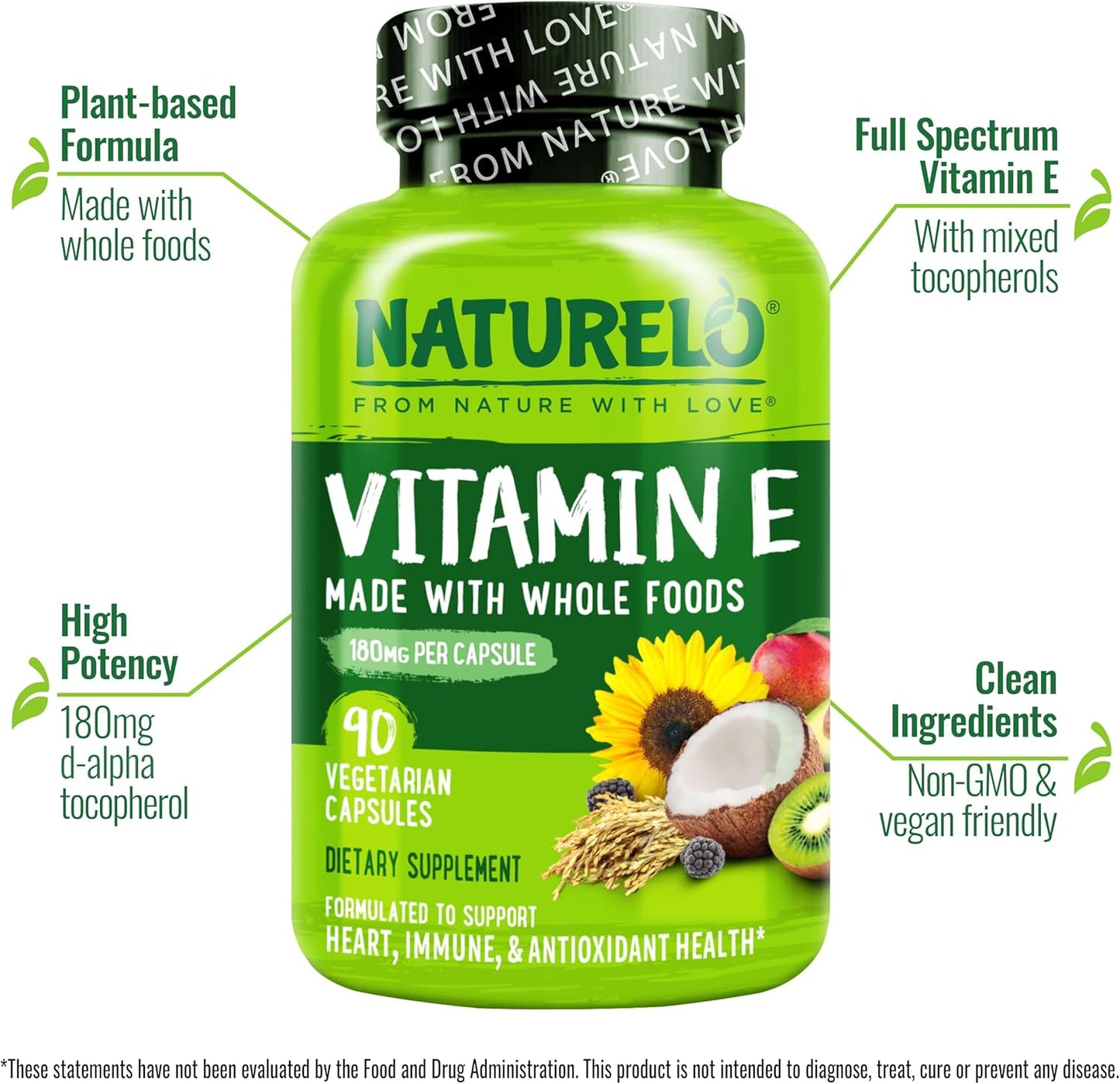 NATURELO Vitamin E Capsules 180 mg - 90 Vegan Capsules | Supports Skin, Hair, and Nails | Immune and Eye Health | Natural Mixed Tocopherols & Whole Foods | Non-GMO, Dry Vitamin E