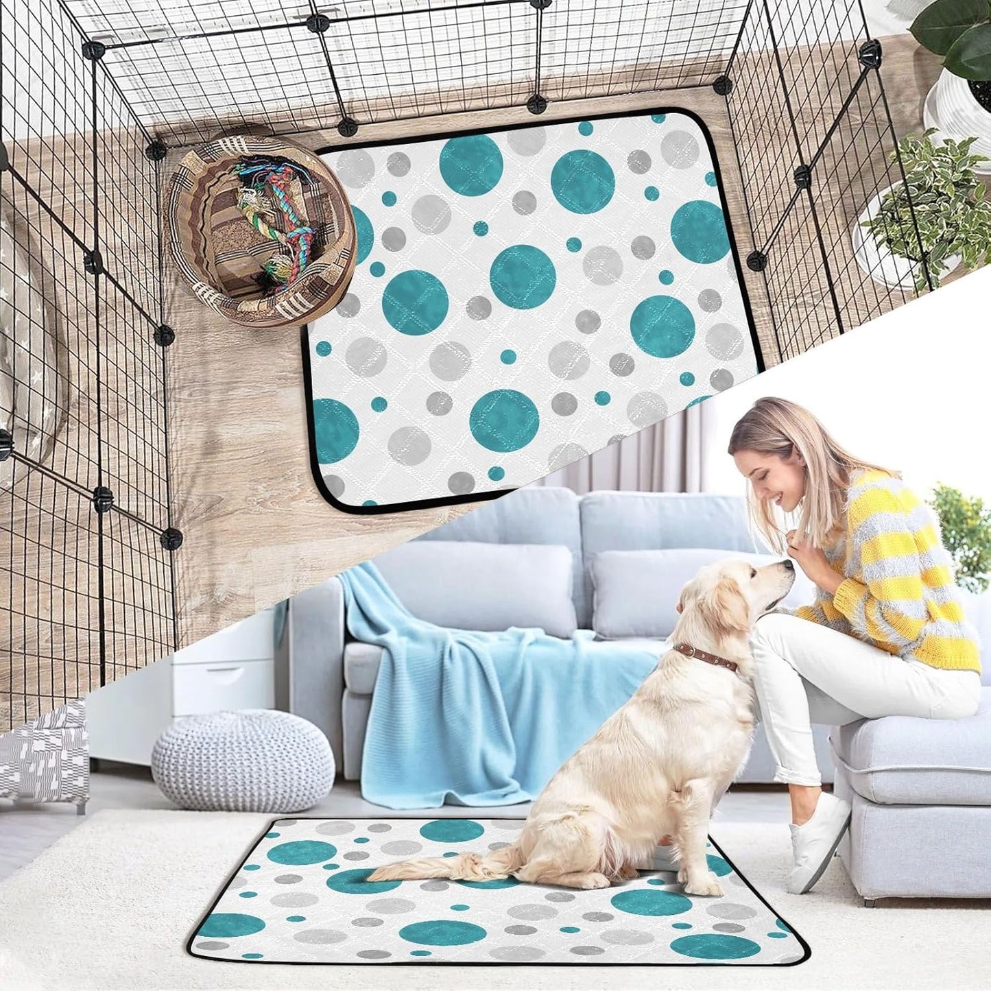 susiyo 3 Pcs Small Washable Pee Pads for Dogs Teal Gray and White Polka Dots Pattern Absorbent Reusable Puppy Training Pads