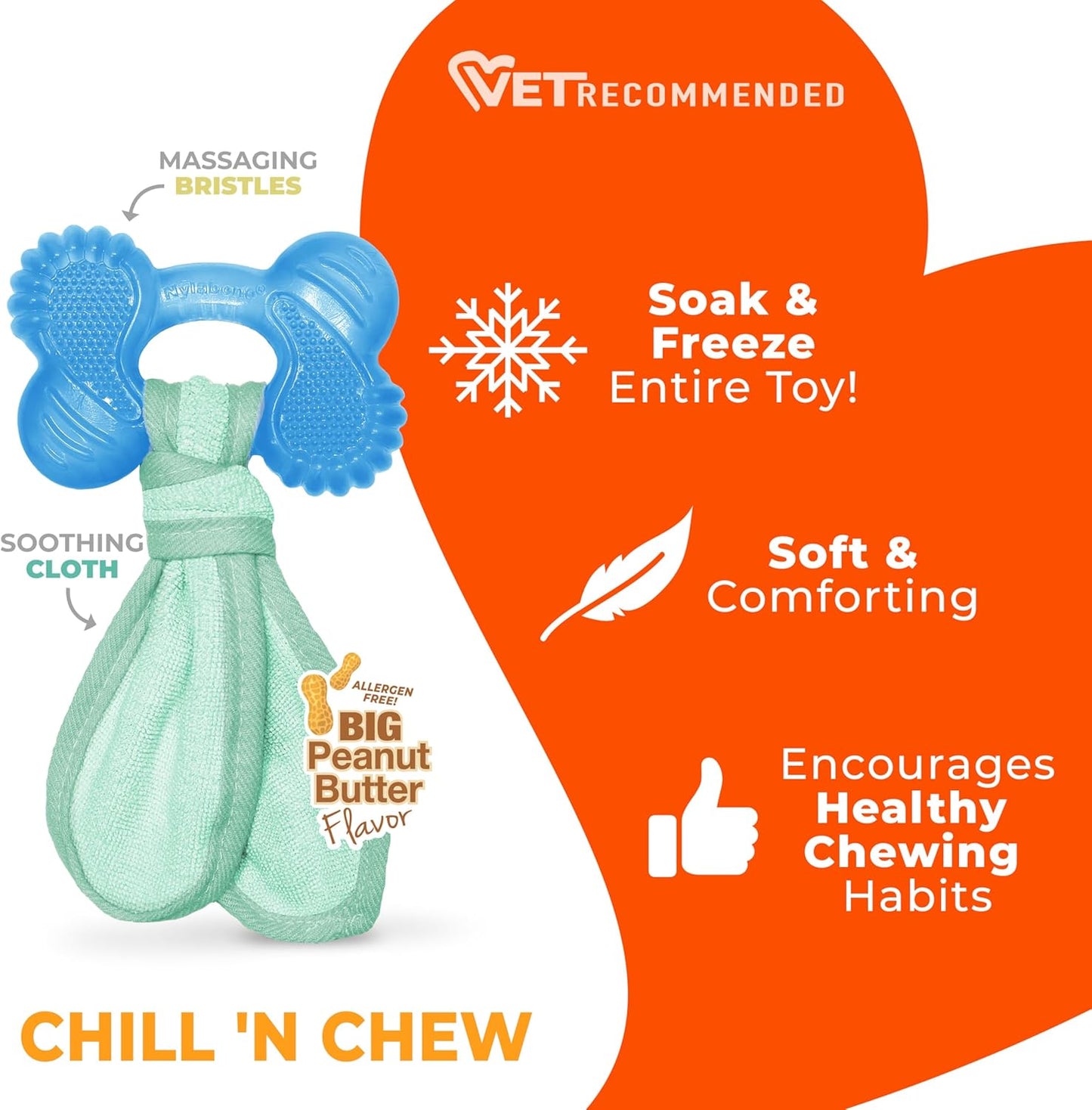 Nylabone Freezer Bone Puppy Chew Toy, Soothing Teething Toys for Puppies, Rubber & Terry Cloth, Peanut Butter Flavor, Small Dogs - Up to 25 lbs., 1 Count