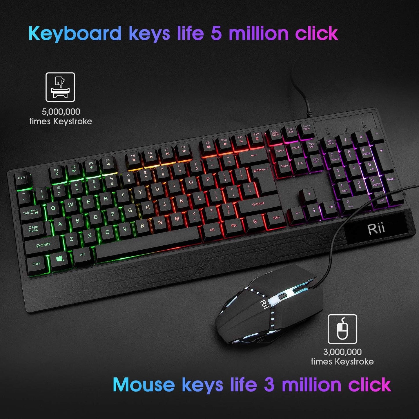 Rii Gaming Keyboard and Mouse Combo,USB Wired,104 Keys RGB LED Backlit Keyboard with Wrist Rest for PC/Laptop (Black)
