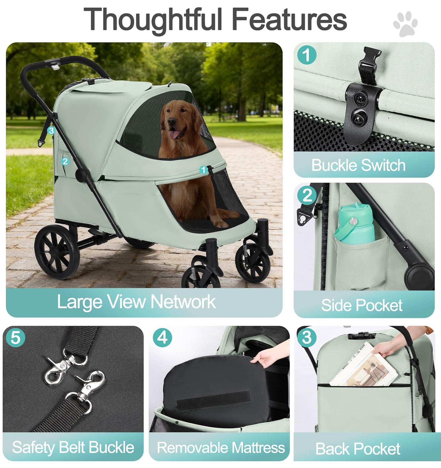 Pet Stroller with Ramp for Large Dogs up to 132lbs, Large Pet Gear for Multiple Dogs/Cats, All-Terrain with Mesh Dual-Window & NO-Zip, Removable Mattress & Slope Pad(Lake Green)