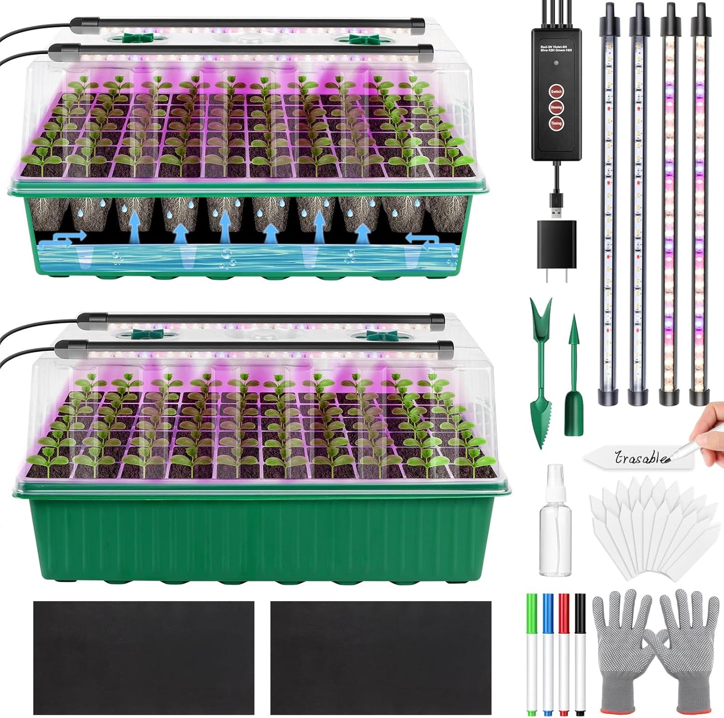 120 Cell Seed Starter Trays Self Watering with LED Grow Light – 2 Pack 60 Cells Seed Starting Kit with Humidity Domes, Tools & Labels for Indoor Gardening