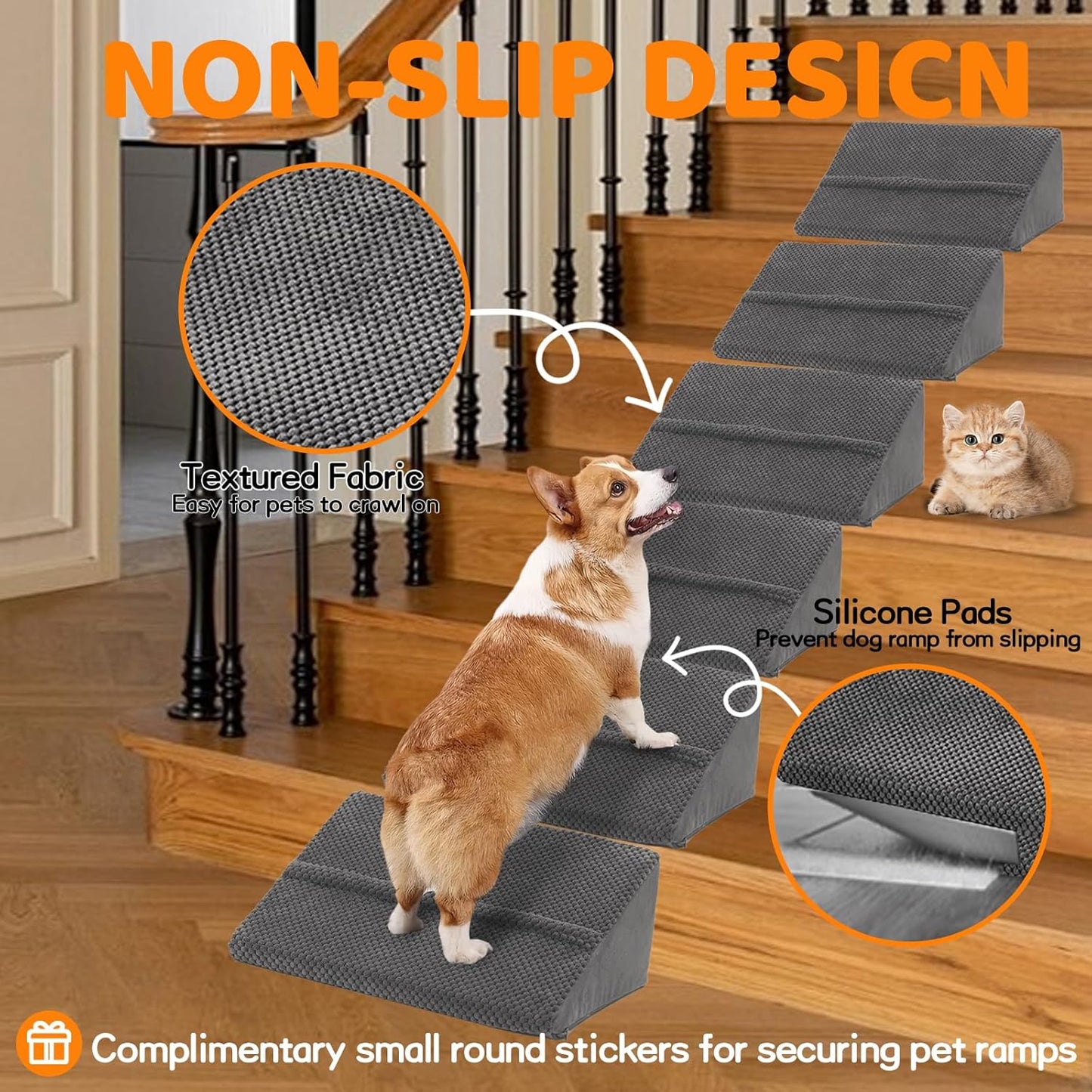 Dog Ramp for Stairs for Small & Senior Dogs and Cats, Non-Slip Foam Indoor Pet Ramp with Self-Sticky Pads, Dog Ramp for Stairs Inside House(Dark Gray, 6 Pack)