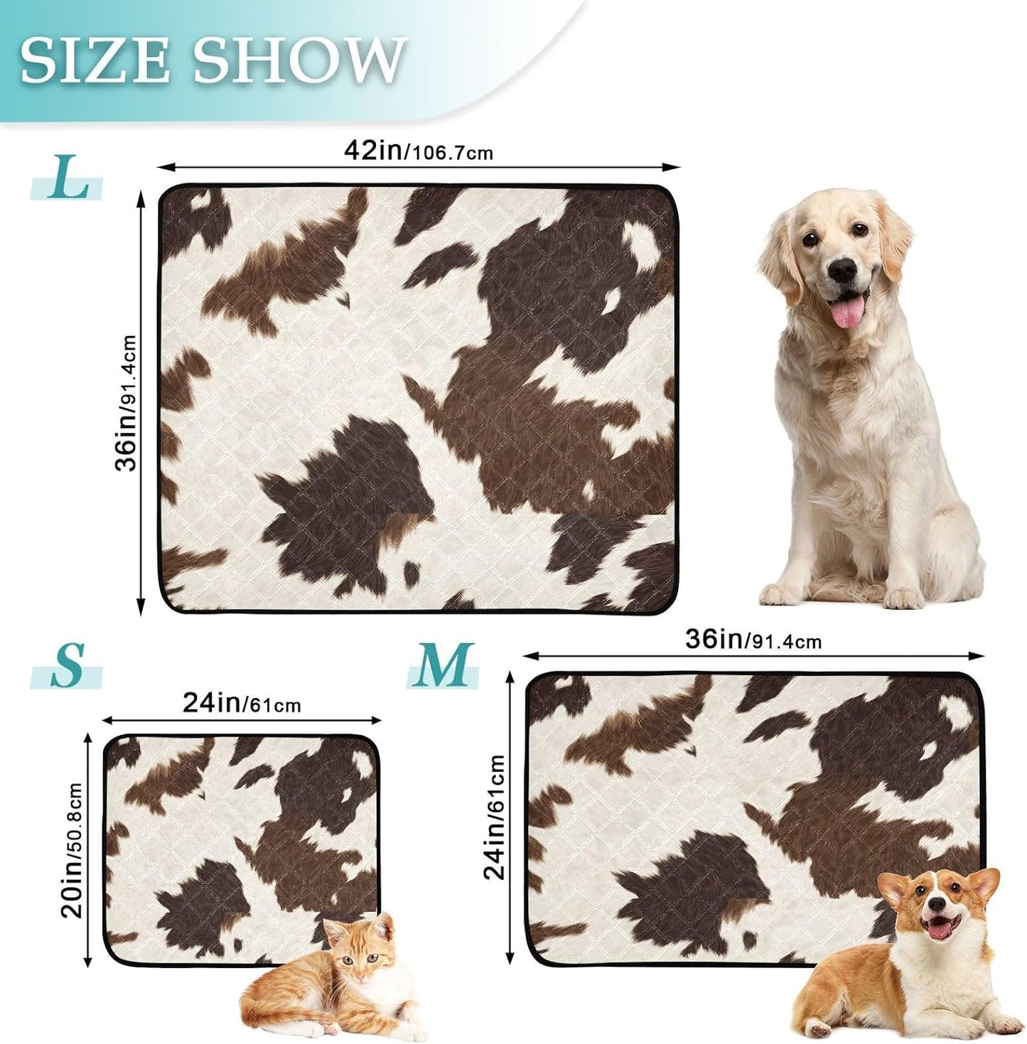 Cow Print Washable Pee Pads for Dogs, 2 Pack Non-Slip Reusable Dog Pads Waterproof Whelping Training Pet Mat for Potty, Crate, Playpen, Bed, Sofa