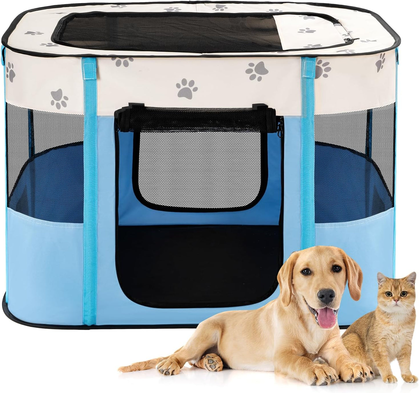 Avont Portable Dog Cat Playpen, Foldable Pop Up Pet Play Pen Travel Crate with Floor and Mesh Door Top for Indoor Outdoor Collapsible Tent Cage -L, Blue