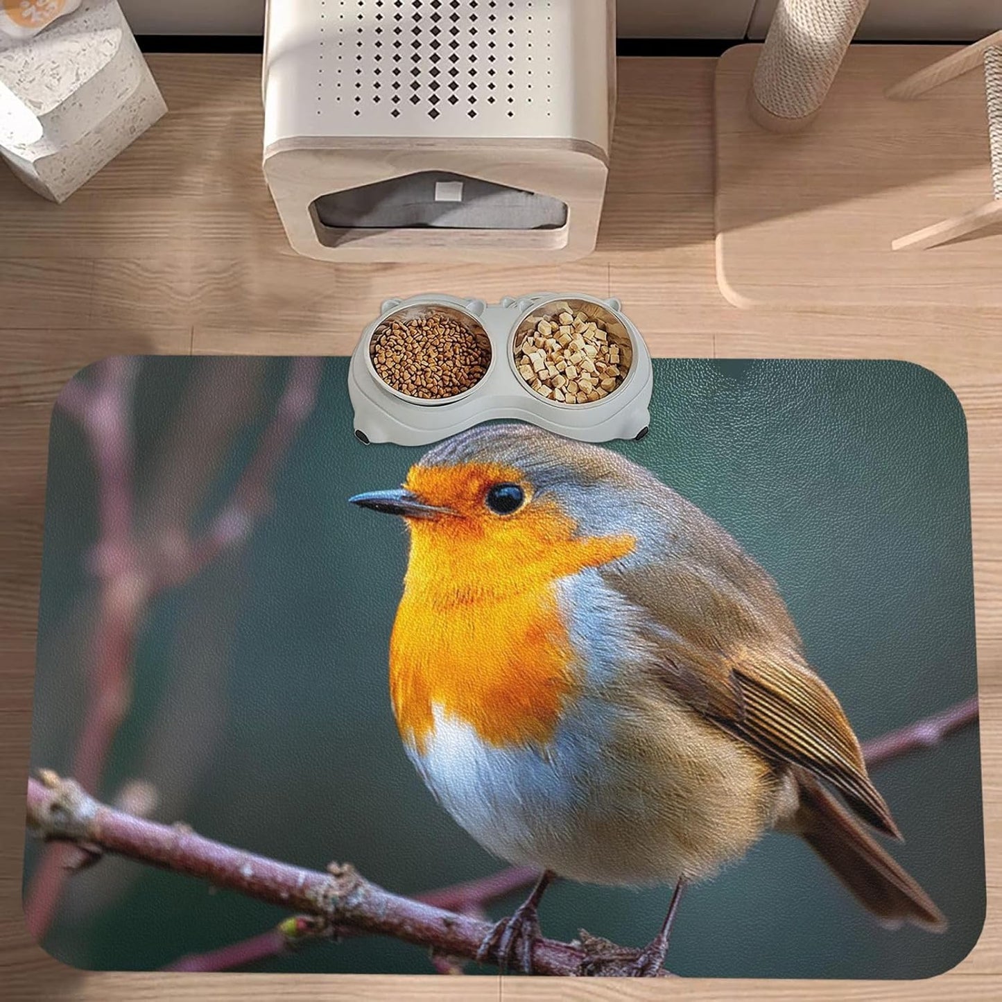 Pet Feeding Mat Leather Dog Food Mat Waterproof Pet Tablecloth Robin on Branch Pet Placemat for Dogs Absorbent Dog Bowl Mat Anti-Slip Dogs Mats for Food and Water