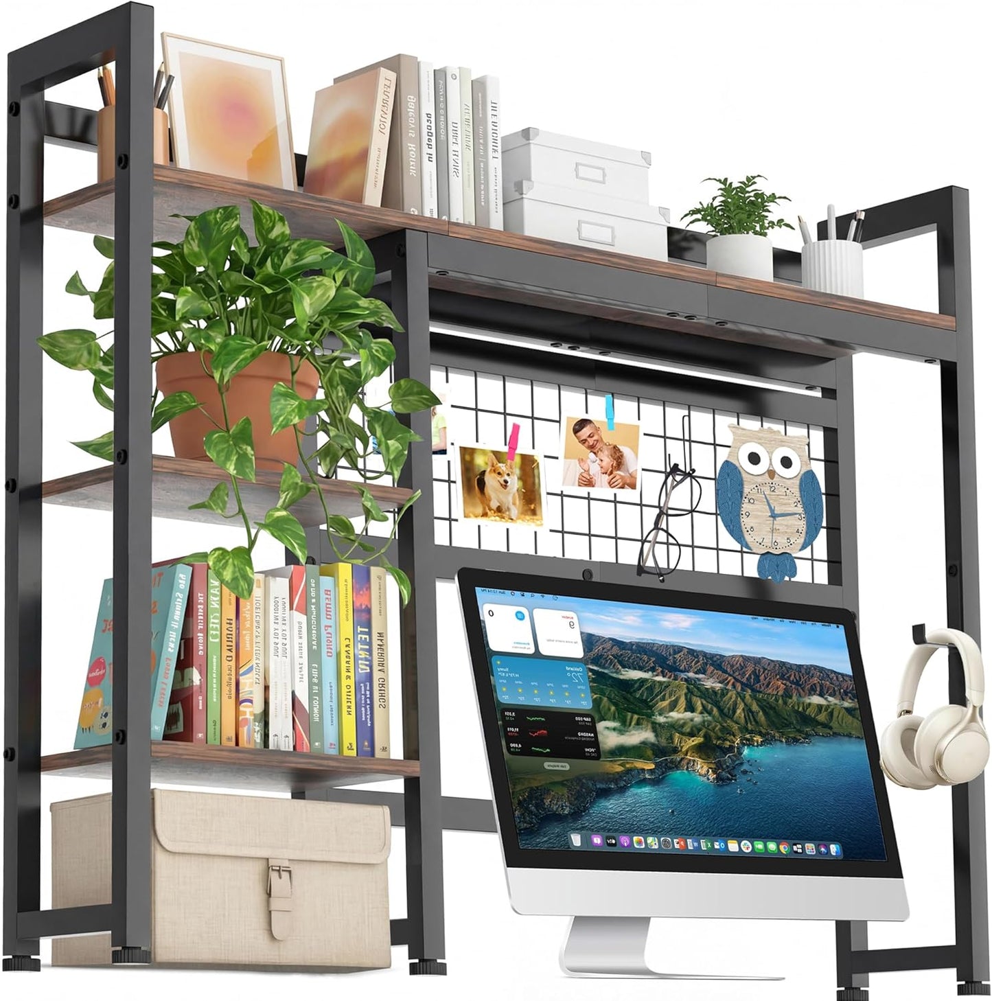 Desktop Shelf, 32.3'' Desktop Organizer Shelf for Computer Monitor, 4 Tier Hutch Storage Rack for Home Office Dorm, Rustic Brown
