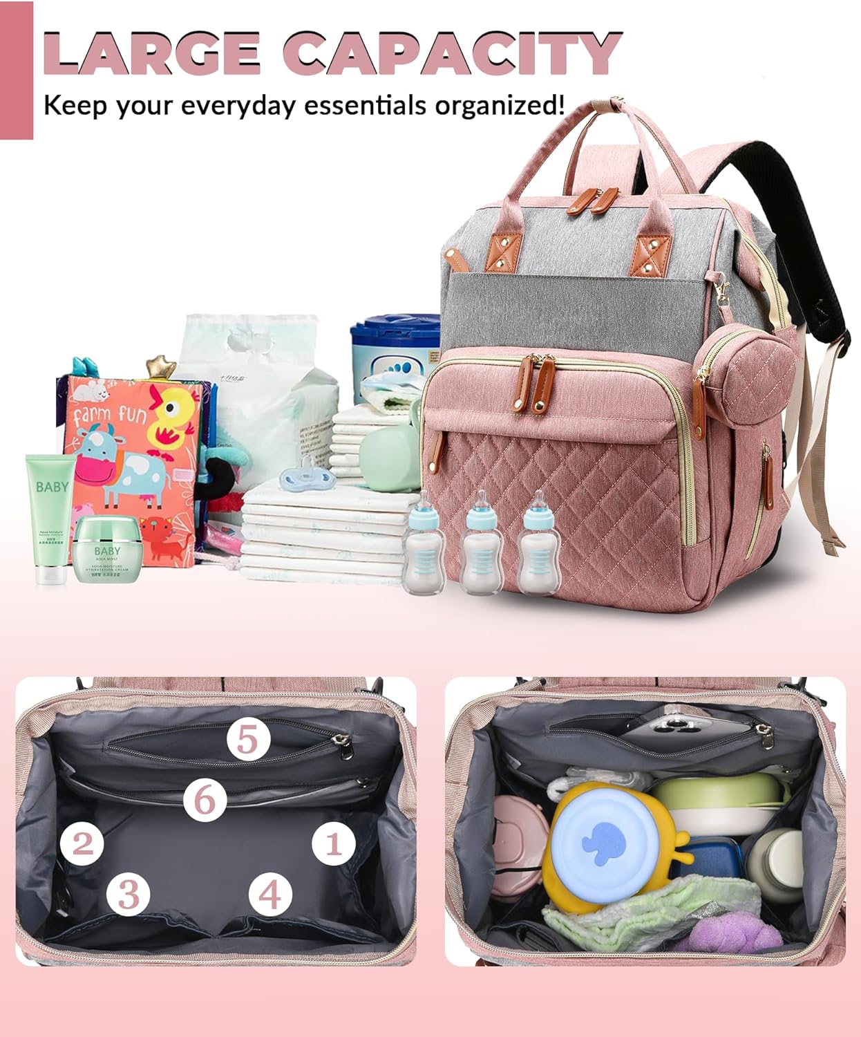 Diaper Bag Backpack with Changing Station, Waterproof Large Capacity, Baby Bag for Mom & Dad, 18 Pockets+USB Port, Foldable Changing Pad, Travel Backpack for Newborn Essentials, Baby Gift