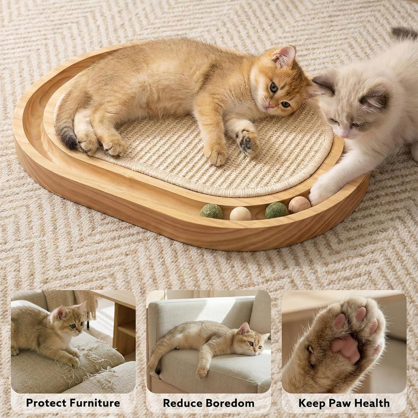 Sisal Cat Scratcher Toy with Ball Track, Natural Scratching Pad, Wooden Cat Toy with Non-Slip Base for Indoor Cats, Suitable for Kittens and Medium Cats