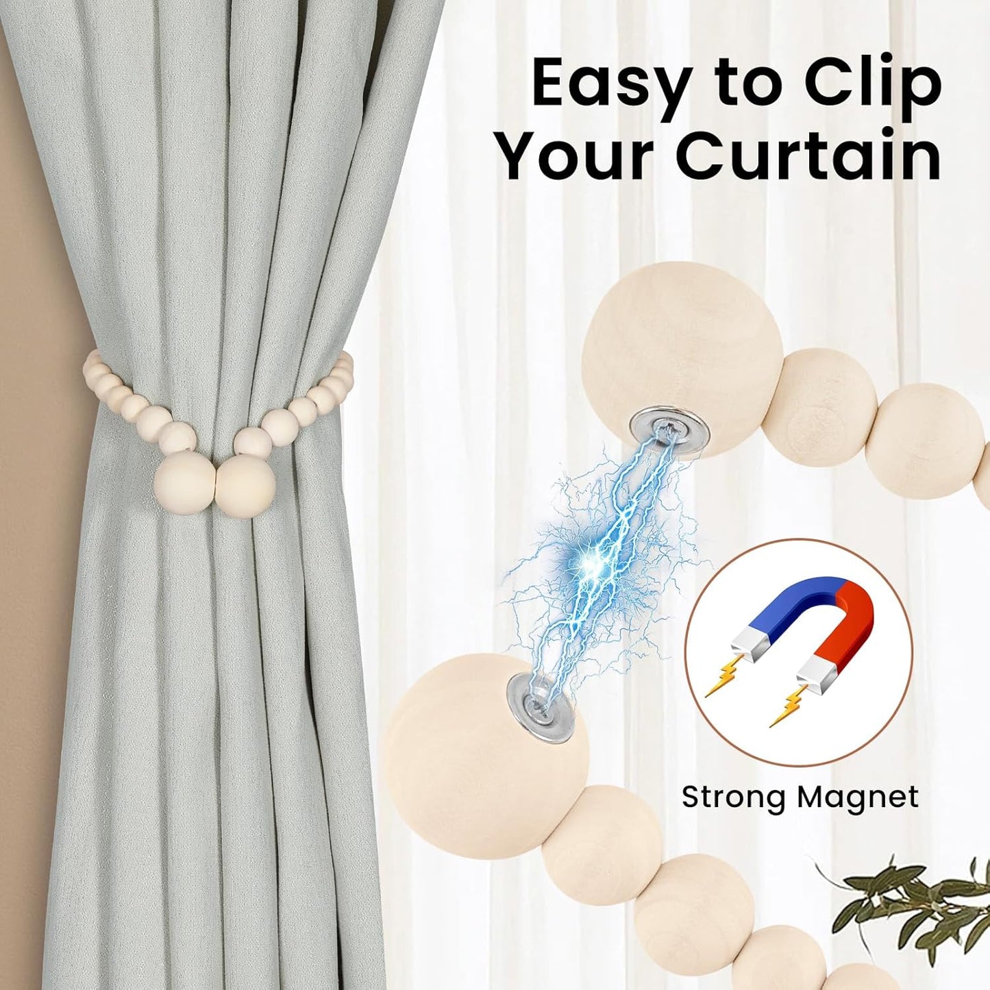 KLOGTSIND Magnetic Curtain Tiebacks, Curtain Holdbacks for Curtains 2 Pack, Wood Bead Curtain Holders for Boho Bedroom Decor, Baby Nursery Decor, Farmhouse Decor