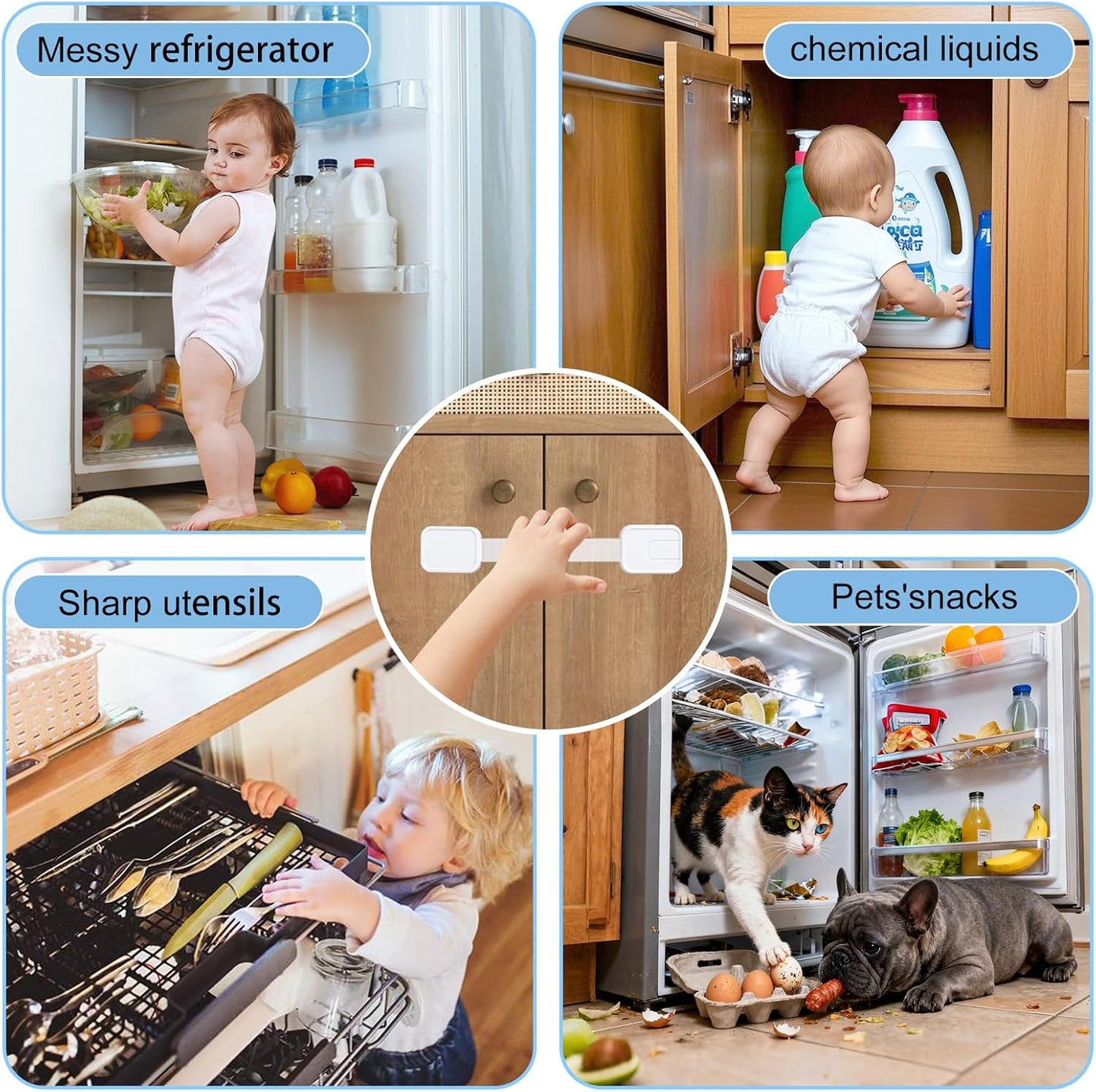 6-Pack Adhesive Baby proofing Strap Locks, Child Proof Cabinet Latches for Drawers, Microwave, Oven, Trash Can, Refrigerator, Toilet Lid, Adjustable No Drilling Need