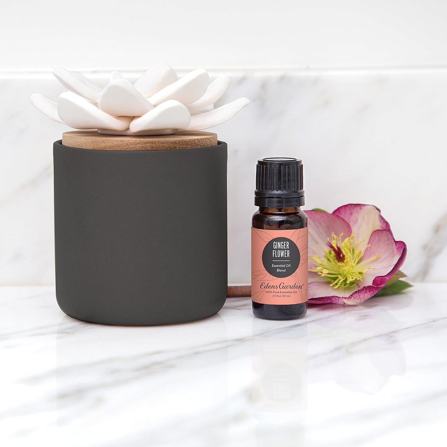 Edens Garden Charcoal Ceramic Bloom Diffuser Handmade Wick Essential Oil Aromatherapy, Passive Wicking Flower Diffuser for Home & Office No Power Needed, Elegant Scent Decor