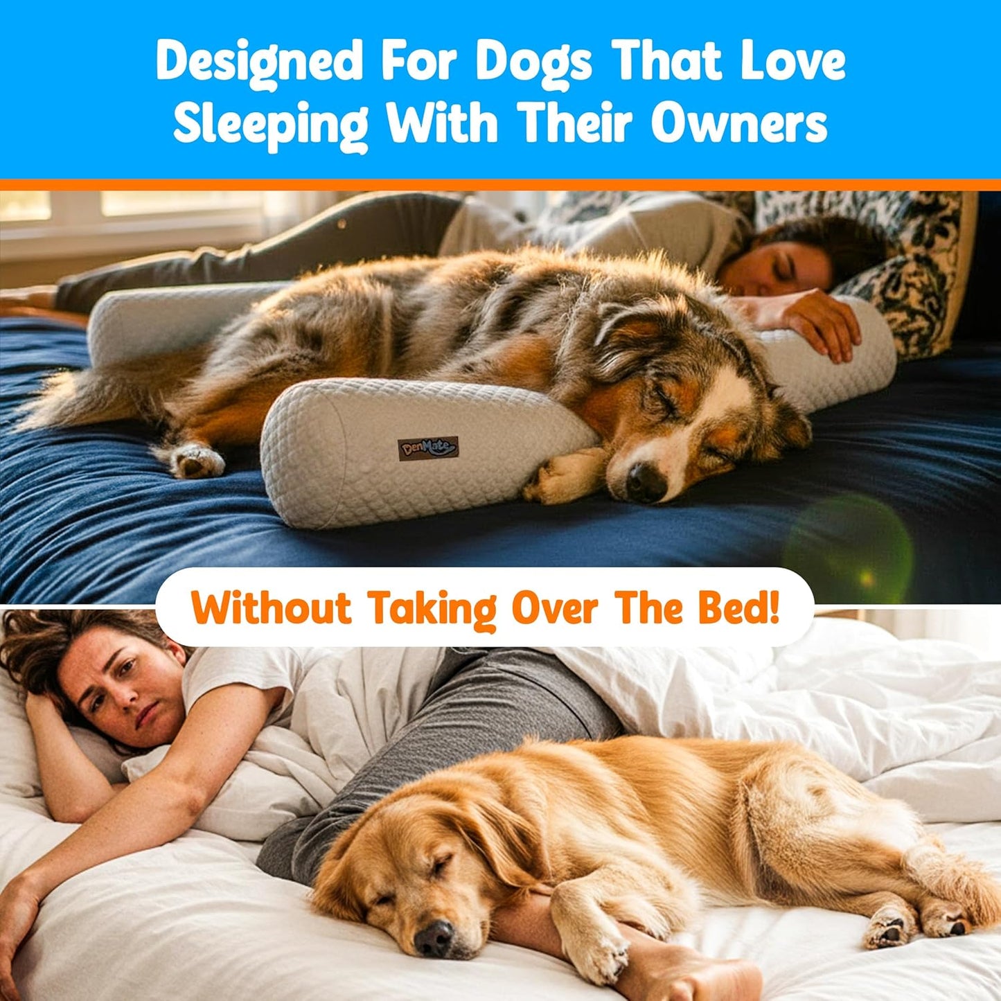DenMate - On-Bed Dog Bed for Medium/Large Dogs (26x40), Stabilizing 100% Cotton Bolsters for Night Movement, Improves Comfort & Sleep for Dogs & Owners, Machine Washable Pet Mattress (Grey)
