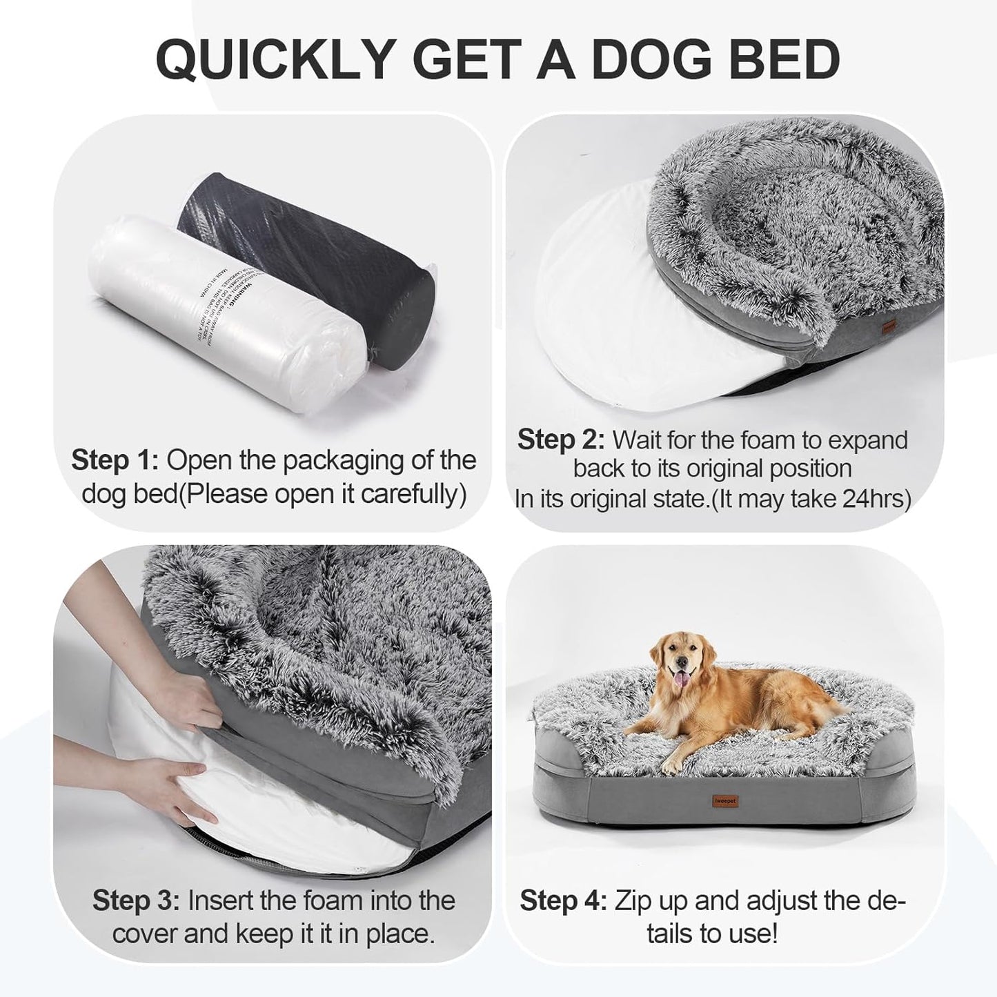 Fluffy 3.7 inch Thickened Orthopedic Dog Beds for Large Dogs, Supportive Dog Sofa Bed with 28D Egg-Crate Foam, Removable Washable Plush Cover, Waterproof Lining, Cozy Oval Design, Grey