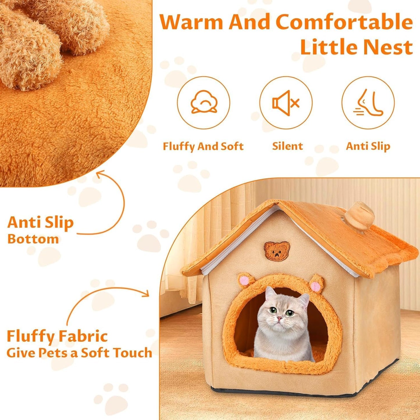 Cat House Inside Cat Sleeping Tent Dog House Bed Indoor with Non-Slip Bottom 15.75inch Orange