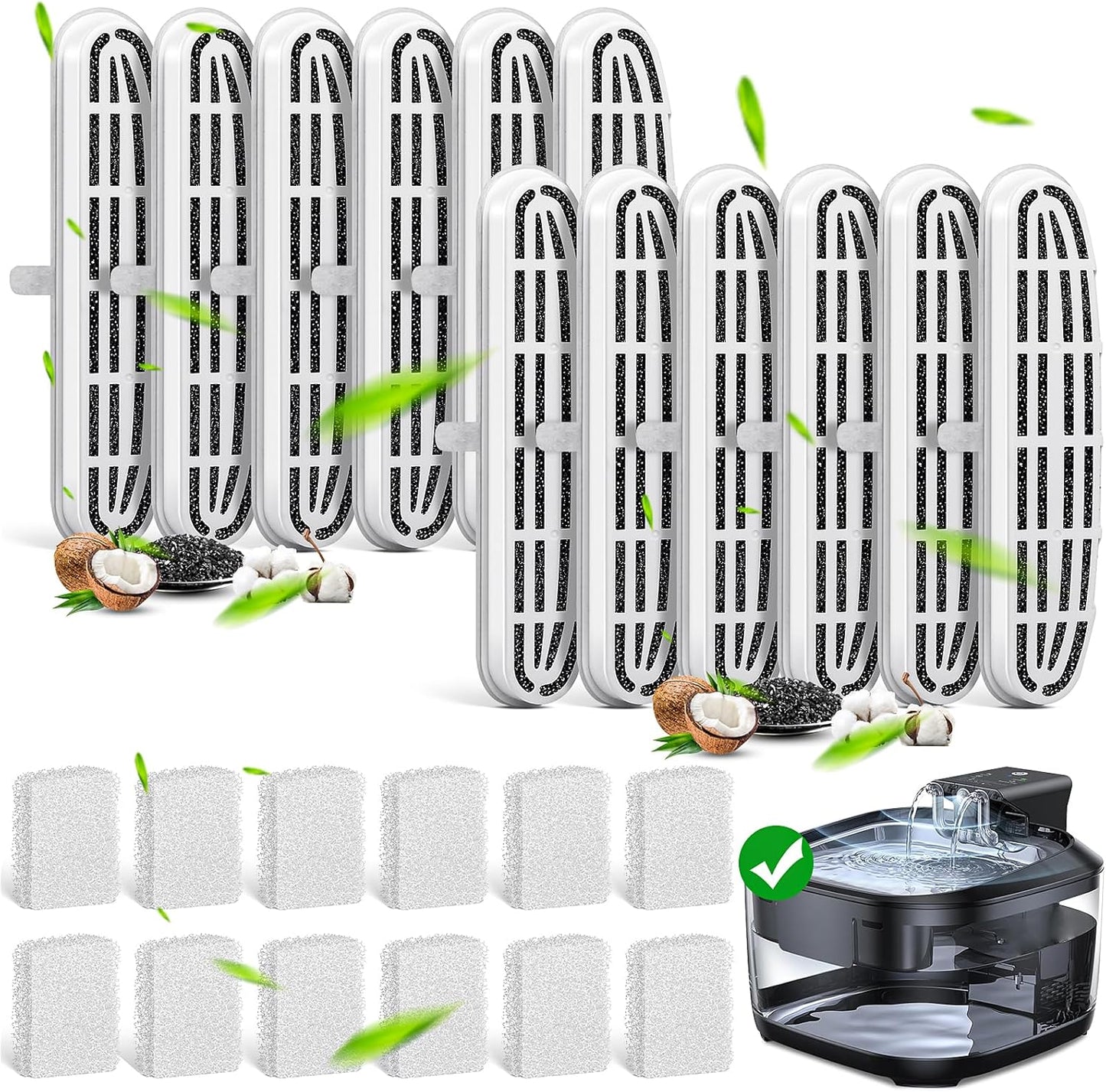 24 Pack (12 Filters & 12 Sponges) Cat Water Fountain Filters Compatible with OPOWO FT999 Cat Water Fountain (3.2L/108oz), Replacement Refills for Stainless Steel Pet Fountain
