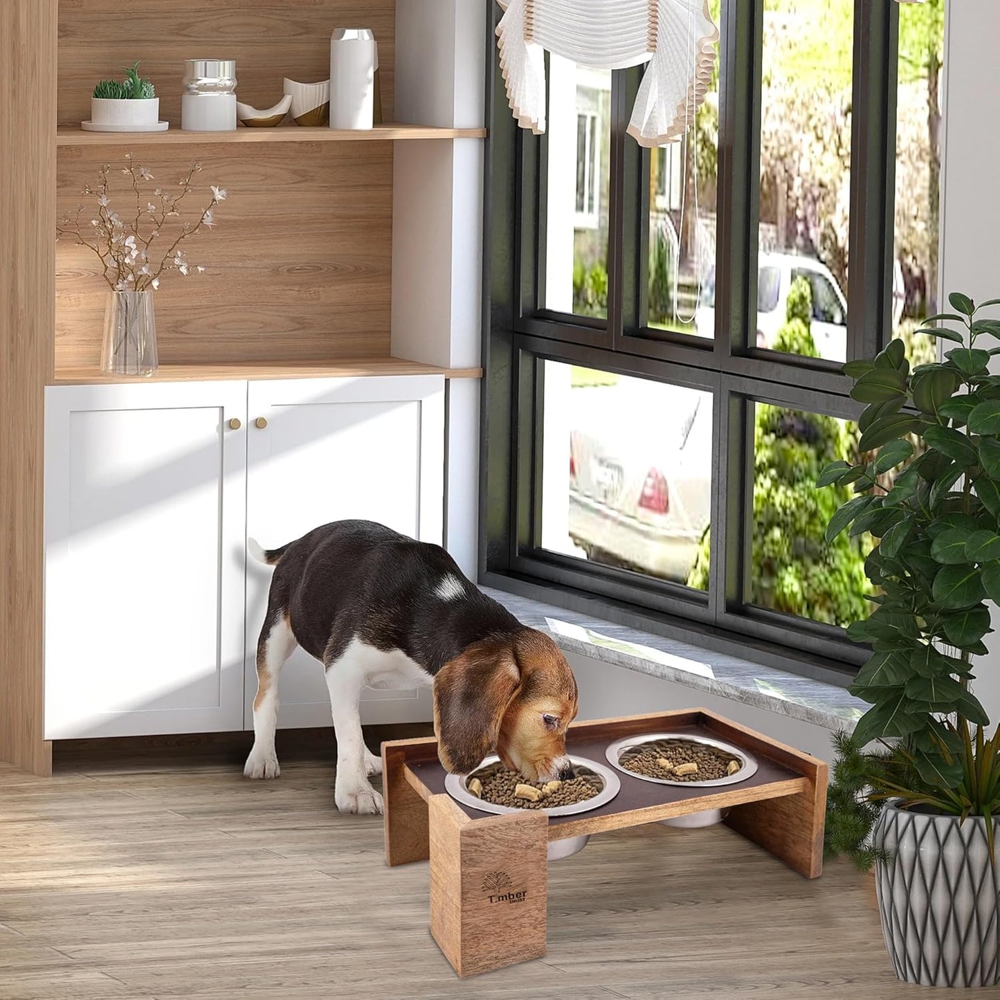 Elevated Dog Food and Water Bowls – Rustic Wood Stand with 2 Stainless Steel Bowls, 5-Inch Raised Pet Feeder, Durable Non-Slip Double Bowl Set for Medium & Large Dogs, Easy to Clean – (49.4 Oz Each)