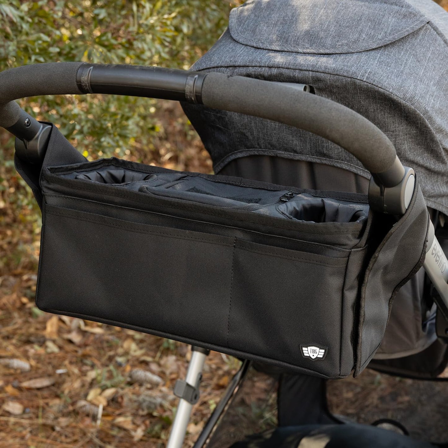 Tactical Baby Gear Stroller Caddy Organizer – Universal Fit Parent Console with Insulated Cup Holders, Cooler Pocket, Front Phone and Keys Storage