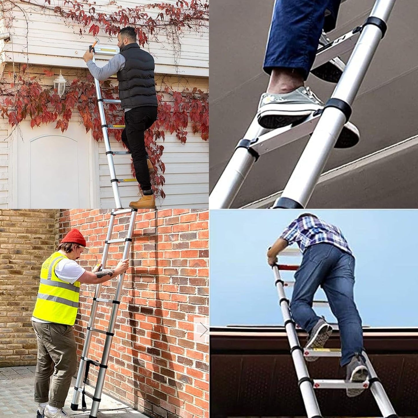 Telescoping Ladder, 12.5 FT Aluminum Lightweight Extension Ladder with 2 Stable Hooks, 2 Triangle Stabilizers & Non-Slip Feet, Heavy Duty 330 Lbs Max Capacity, Ideal for Home, RV & Outdoor Work