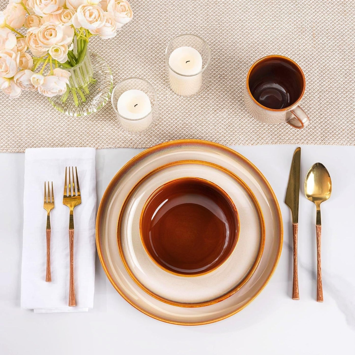 LeRatio Ceramic Dinnerware Sets for 4,12-Piece Plates and Bowls,Handmade Reactive Glaze Dishes Set,Chip Resistant and Scratch Resistant | Oven Dishwasher & Microwave Safe,Service for 4-Kahki
