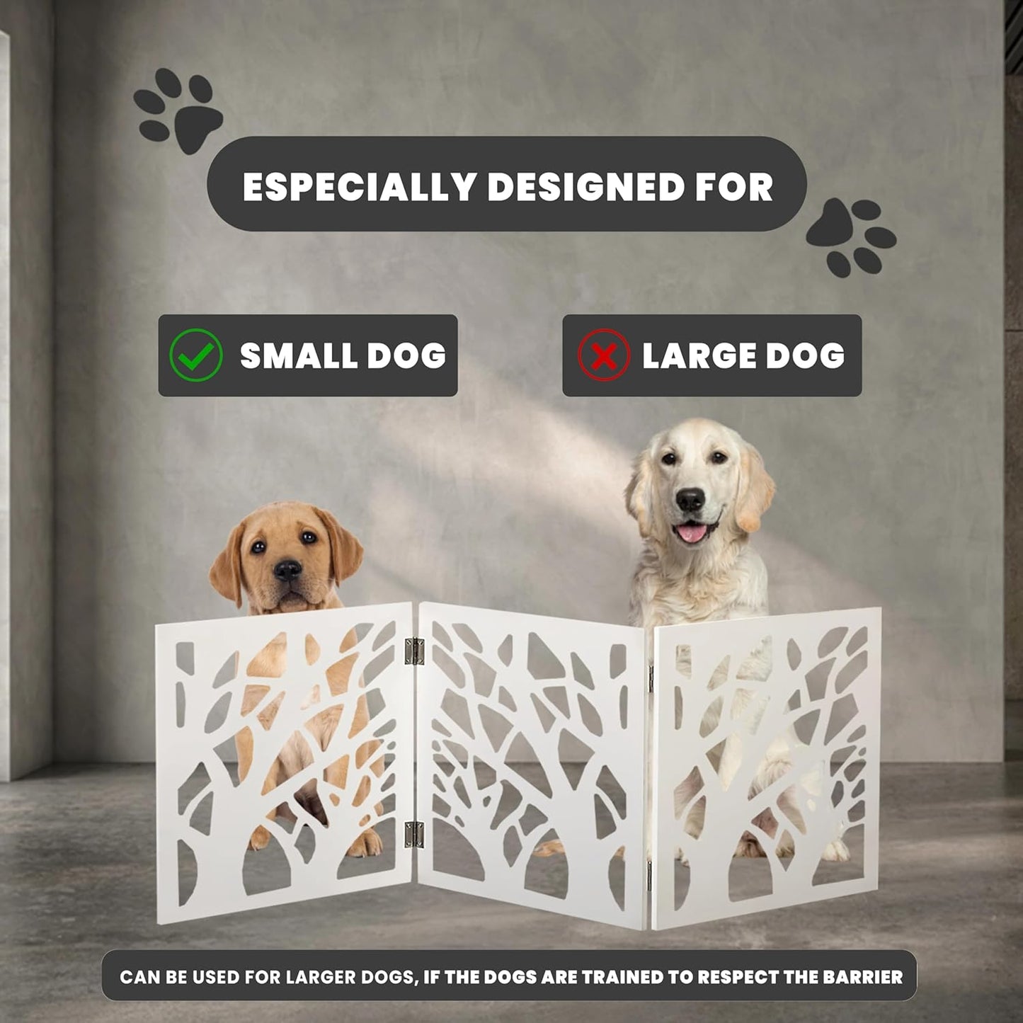 Safety Pet Gate for Dogs – Free-Standing & Foldable - Decorative Scroll Wooden Fence Barrier – Stairs & Doorways (White)