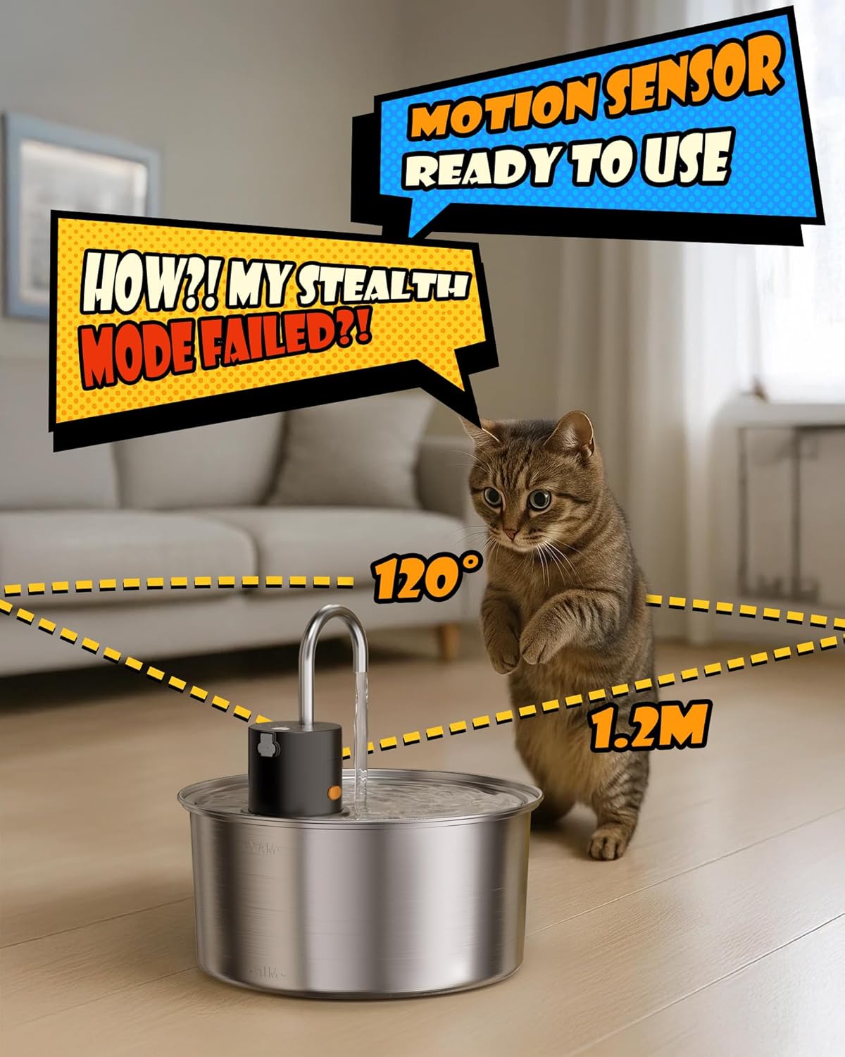 Wireless Cat Water Fountain Stainless Steel, Cordless Automatic Pet Water Dispenser for Cats Indoor, Small Dogs, 108oz/3.2L Rechargeable Pet Drinking Fountain with Motion Sensor