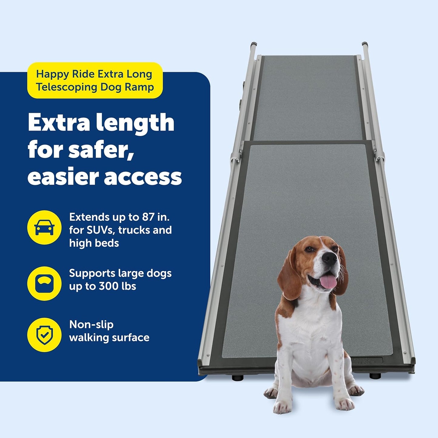 PetSafe Happy Ride Compact Telescoping Dog Ramp - Portable Pet Ramp for Cars, Trucks & SUVs with Adjustable Sizing - Non-Slip Design - Lightweight Pet Mobility Assistance - Extra Long