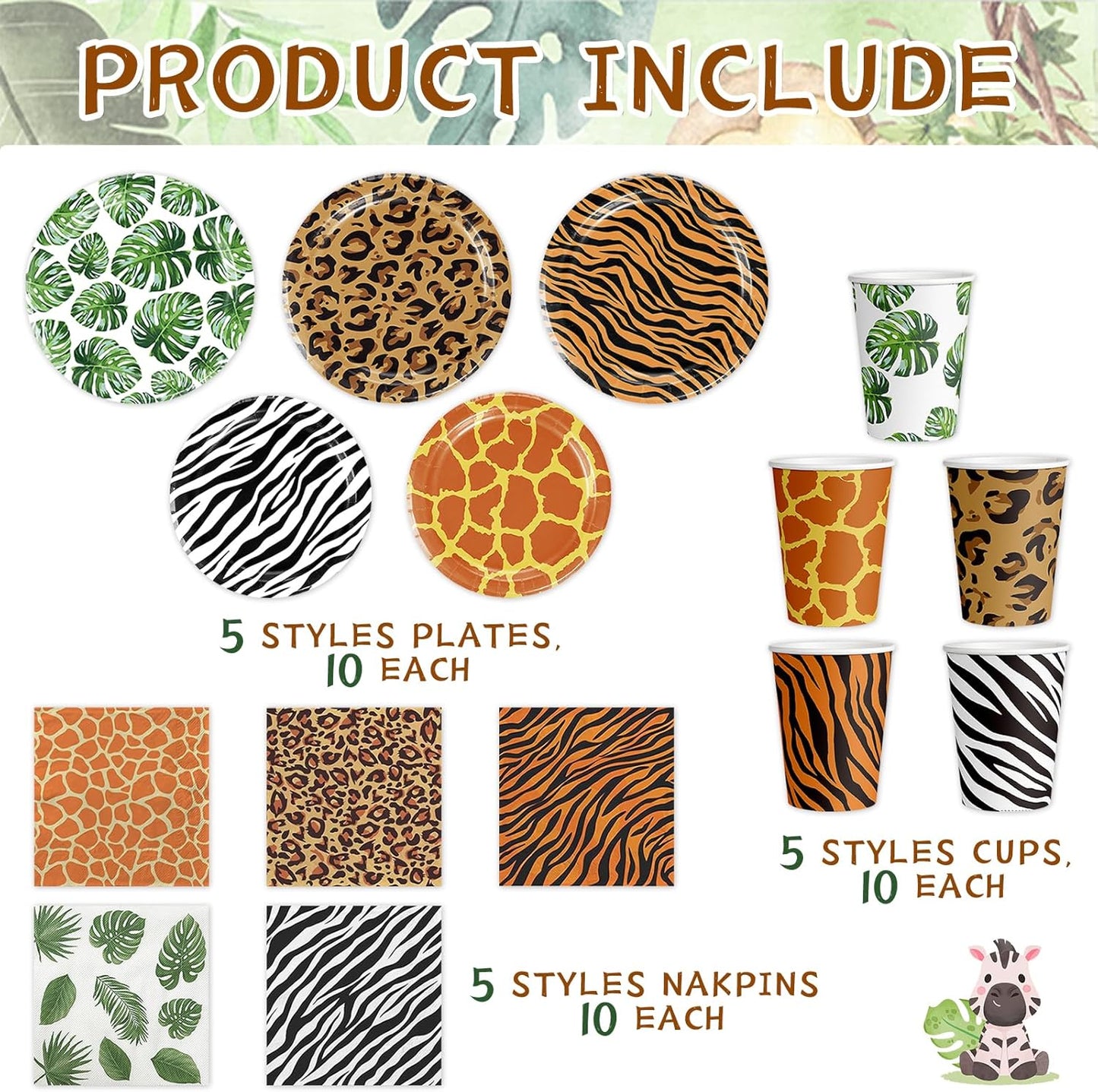 150 Pcs Jungle Animals Party Supplies - Plates, Napkins, Cups for Safari Party Favors (Serve 50)