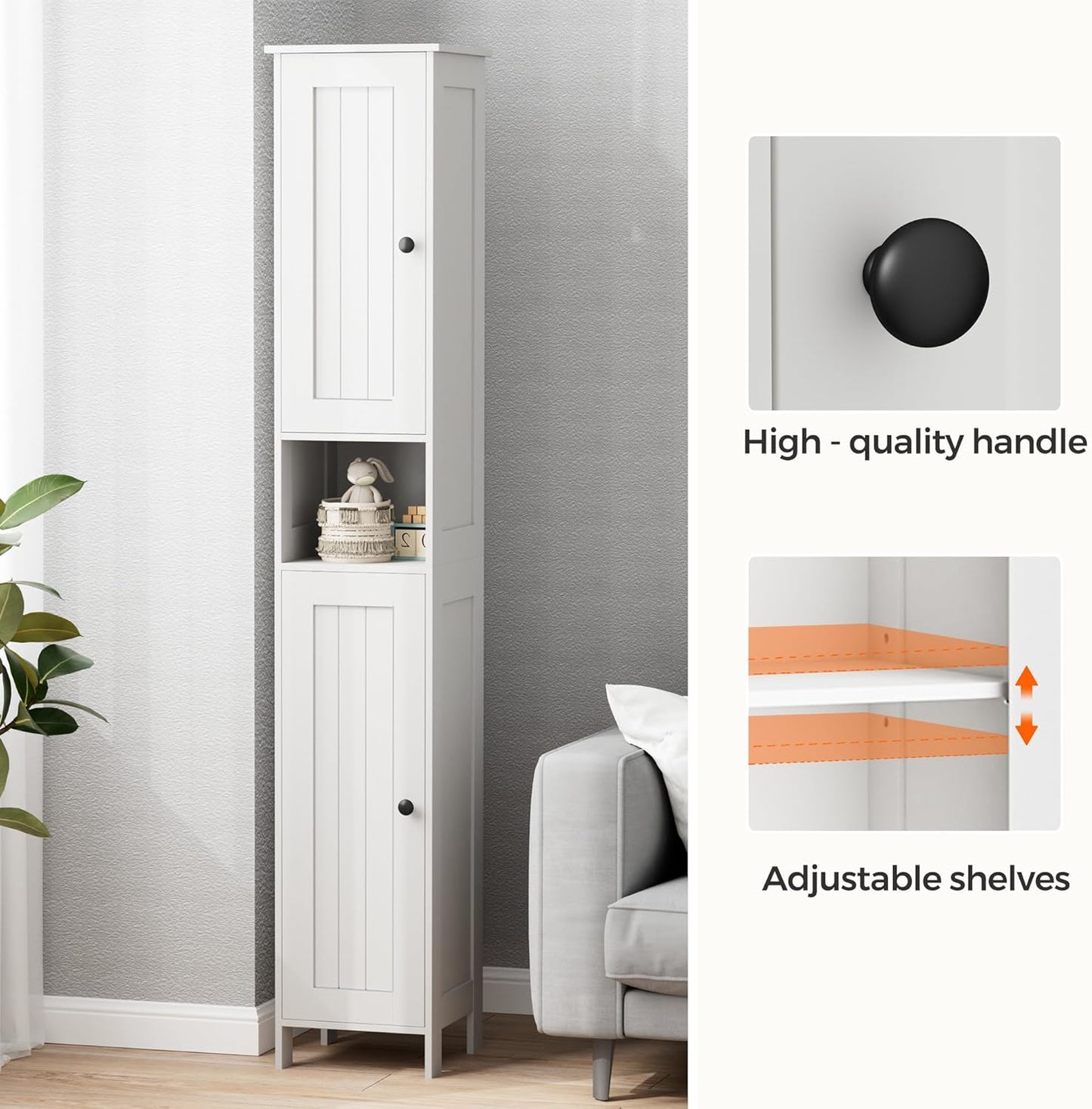 Tall Bathroom Storage Cabinet with 2 Doors, 67"H Narrow Storage Cabinet with Adjustable Shelves& Anti-Tip Design, Reversible Door Installation, Easy Assembly, 11.8 x 11.8 x 66.9 Inches, White