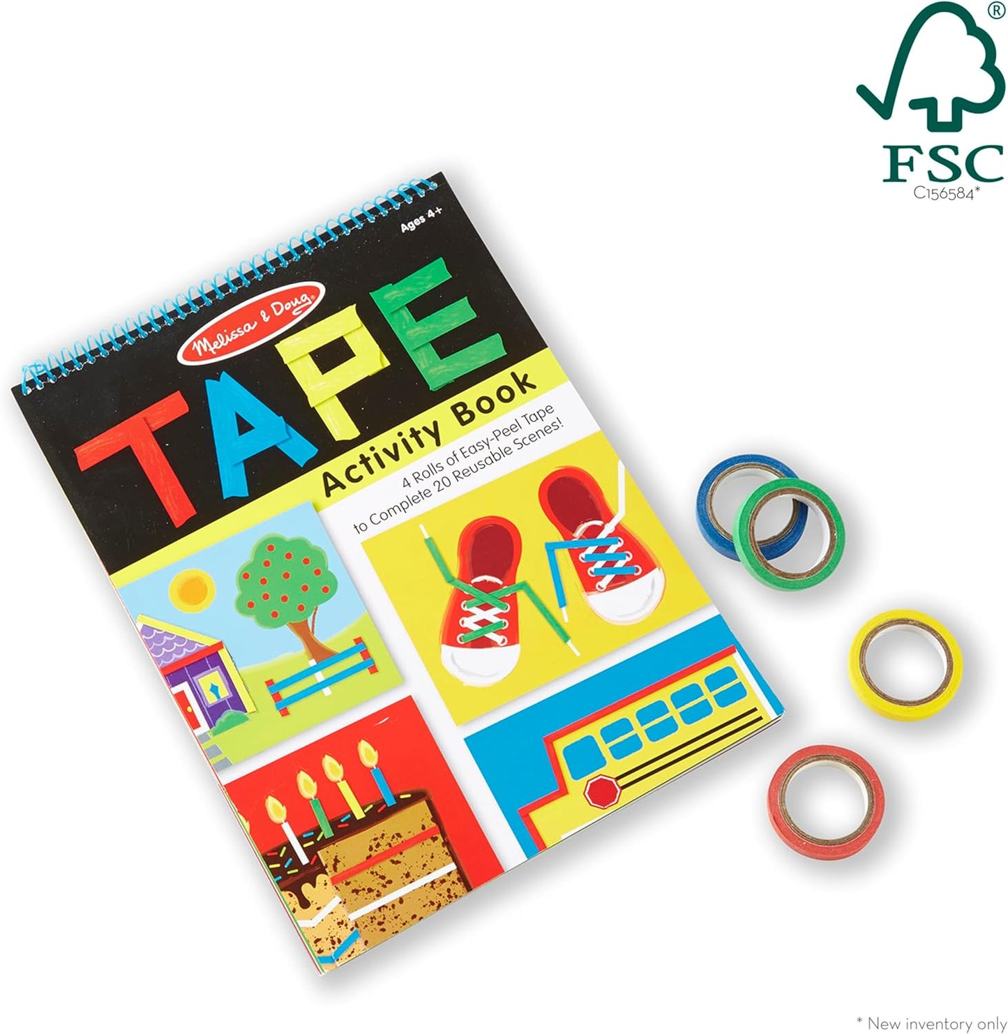 Melissa & Doug Tape Activity Book for Kids with 4 Easy-Tear Tape Rolls (Blue, Green, Red, Yellow) & 20 Reusable Scenes on Spiral-Bound Sheets, Road Trip Activities & Travel Toys for Kids Ages 4+