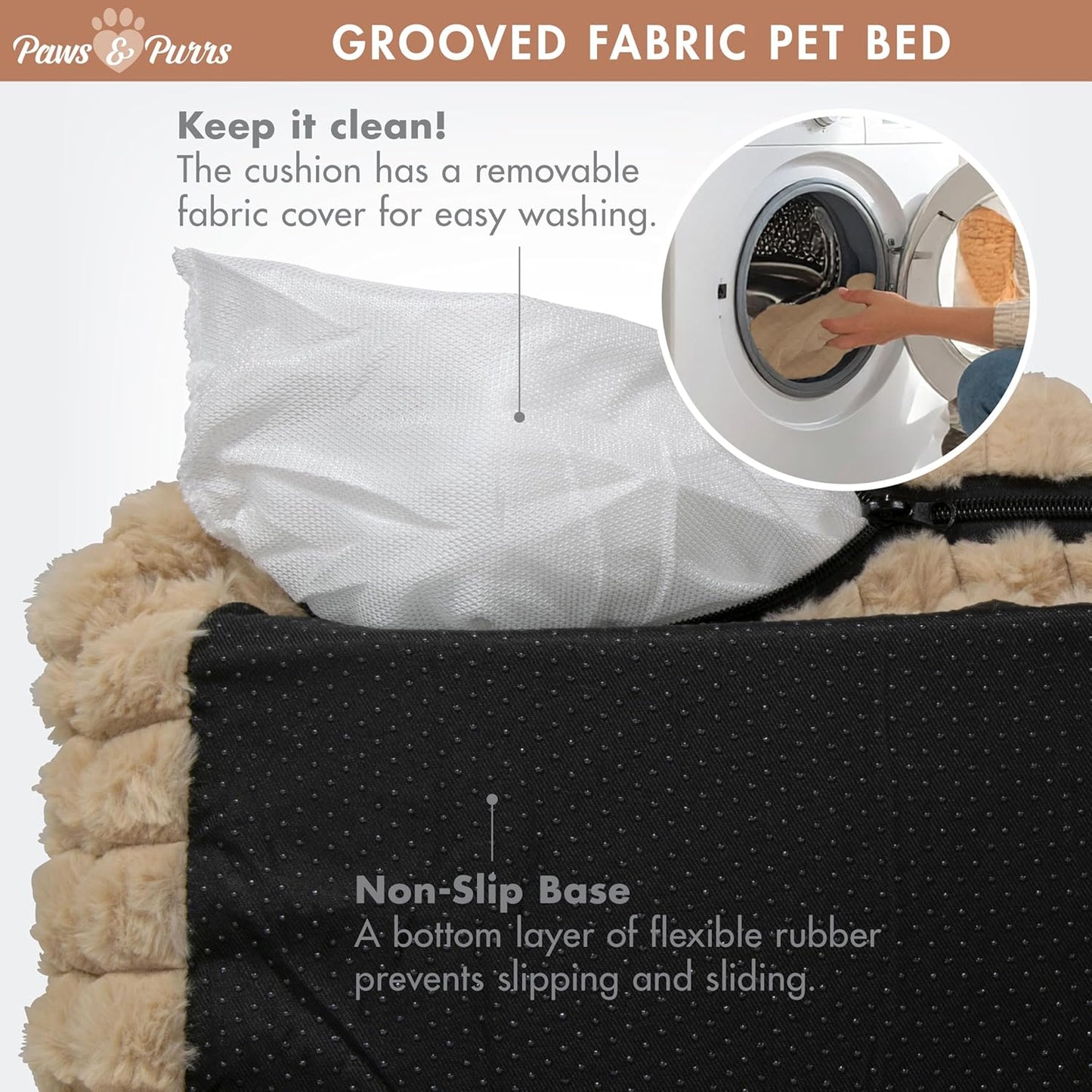 Grooved Pet Bed for Small to Medium Dogs or Cats, Soft Ribbed Corduroy-Style Polyester Fabric, Supportive Bolsters, Removable Cover, Non-Slip Base, Sofa Pet Lounger with Mini Play Cushion, Camel