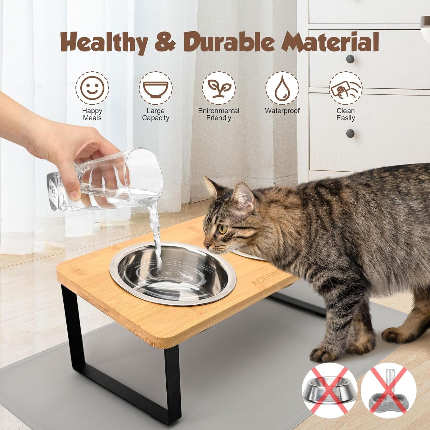 Elevated Cat Bowls with Non Slip Mat, ACEONE 15° Tilted Raised Anti Vomit Cat Feeder for Food and Water, Pet Feeding Station with 2 Stainless Steel Bowls(M Bowl)