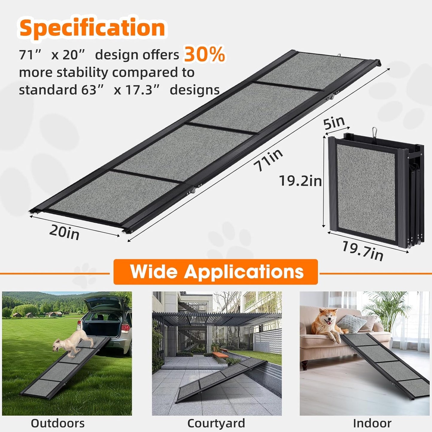 Dog Ramp for Car 71"x 20" Large DogFolding Pet Stair Ramp for Truck, SUV, with Non-Slip Surface, Up to 250LBS, Portable PetSteps