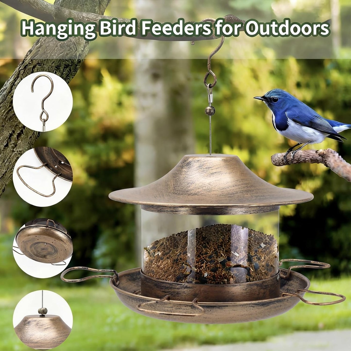 Bird Feeders for Outdoors Hanging, Heavy Duty Metal Bird Feeder for Wild Birds, 4.5Lbs Large Capacity Weatherproof Birdfeeder for Outside Garden Yard,Easy to Clean and Fill, (Bronze)